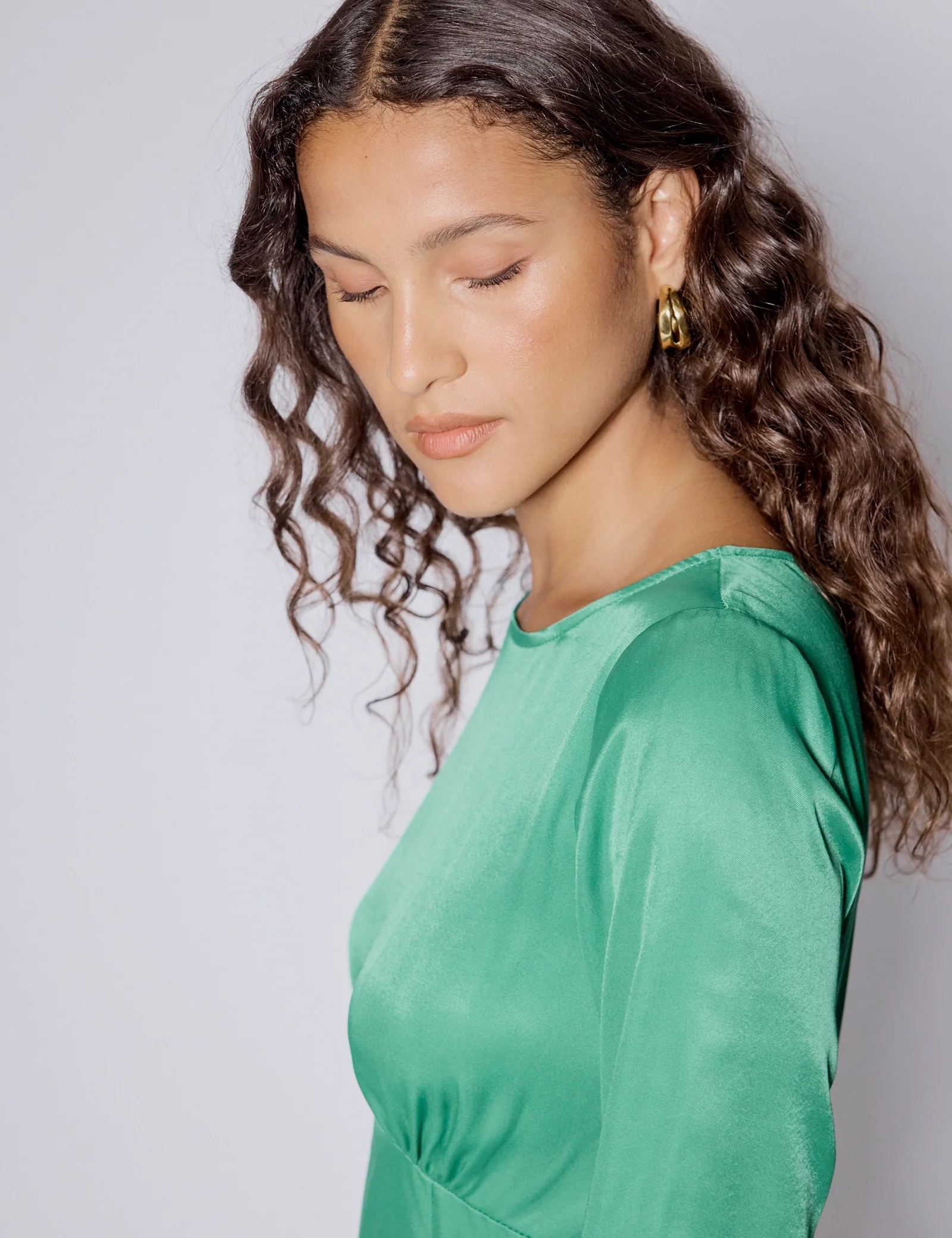 Green Satin Long Sleeve Frill Bella Mini Dress - Image 5