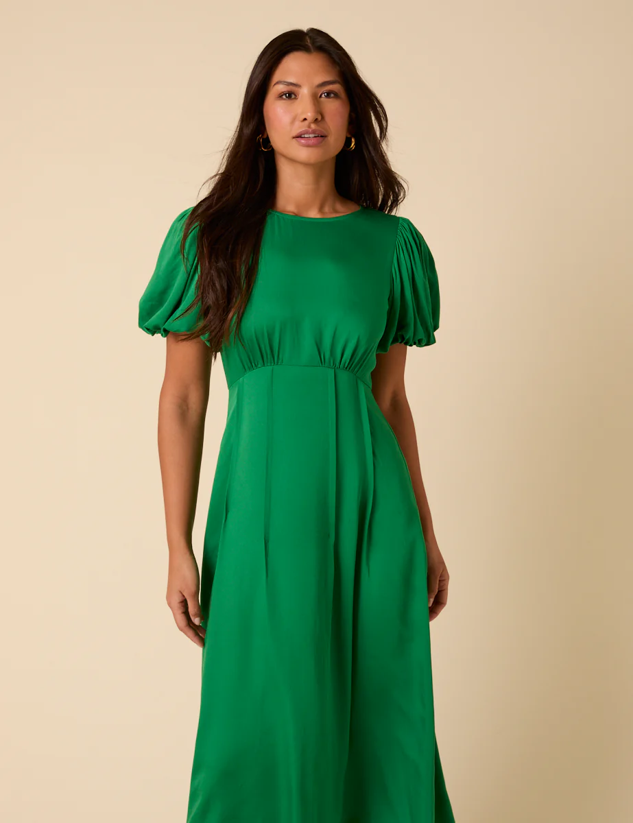 Green Satin Puff Sleeve Quinn Midi Dress - Image 4