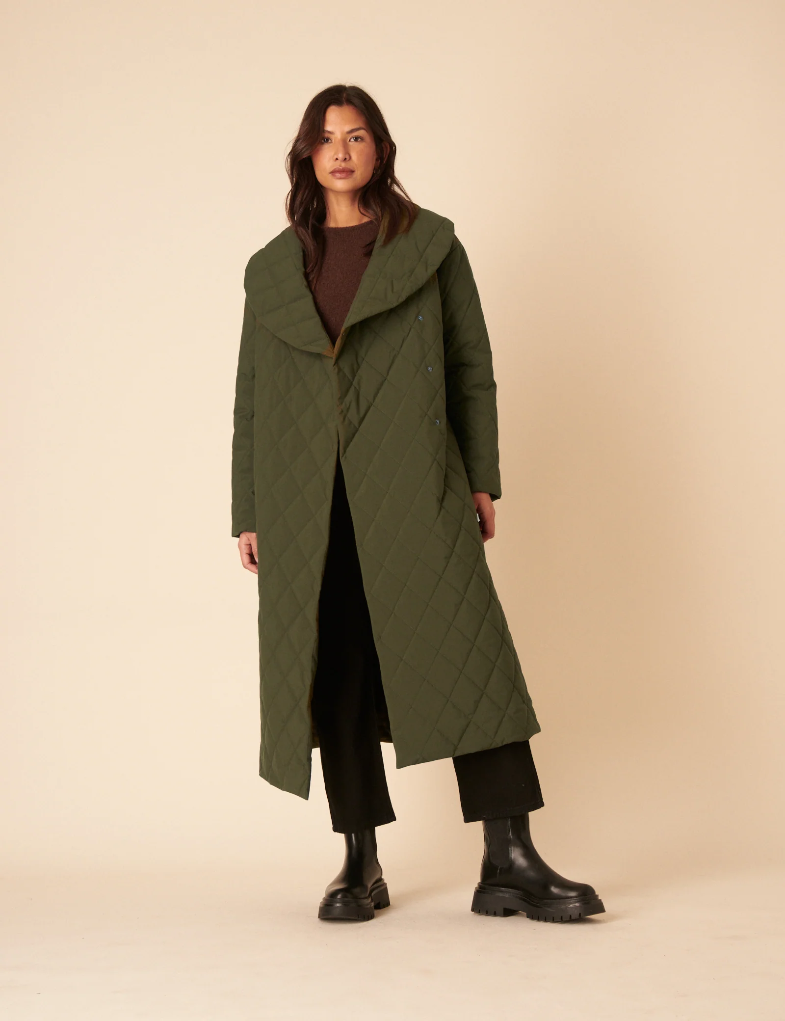 Green Quilted Tie Belt Coat - Image 3