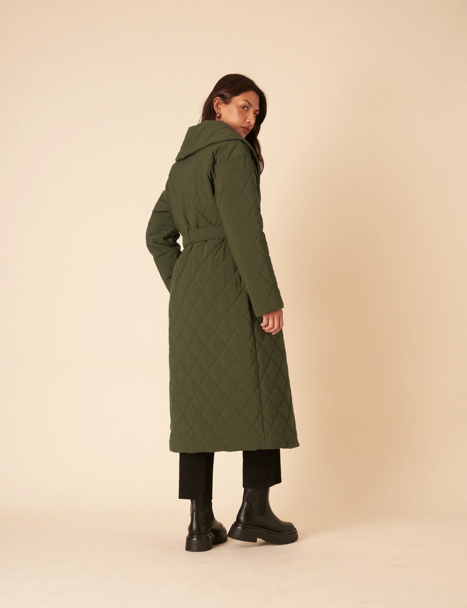 Green Quilted Tie Belt Coat - Image 5