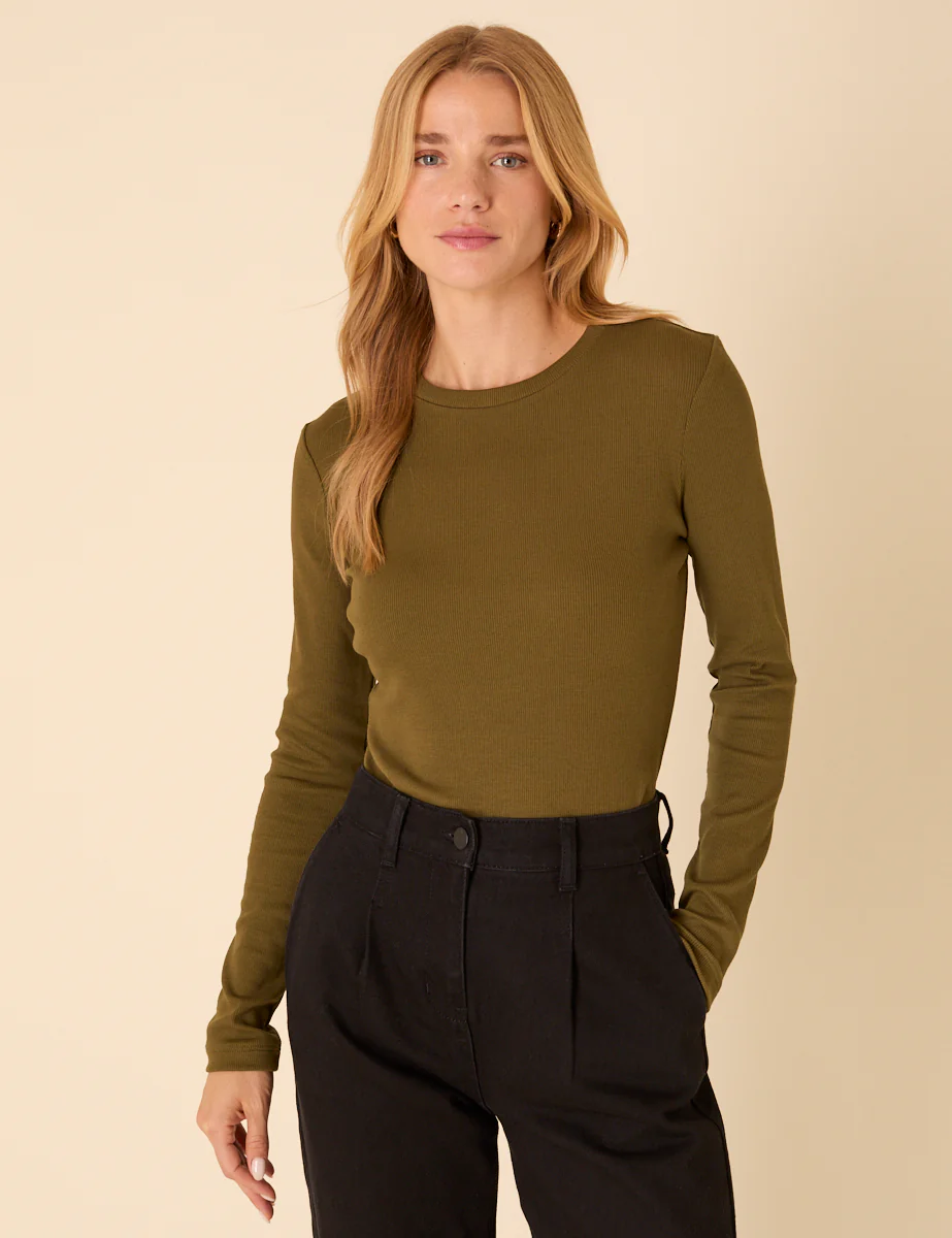 Green Ribbed Long Sleeve Jersey Top - Image 2