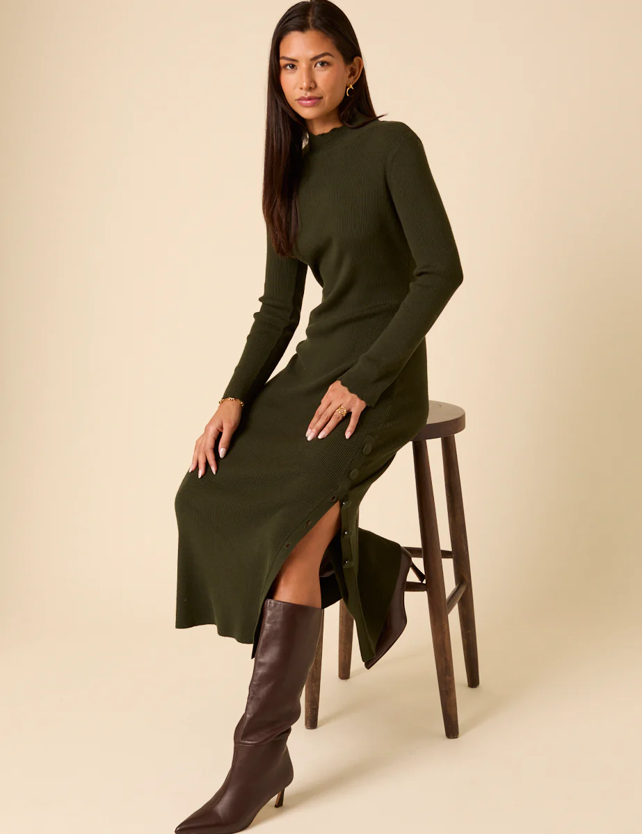 Dark Green Knitted Long Sleeve Midi Dress - Image 3