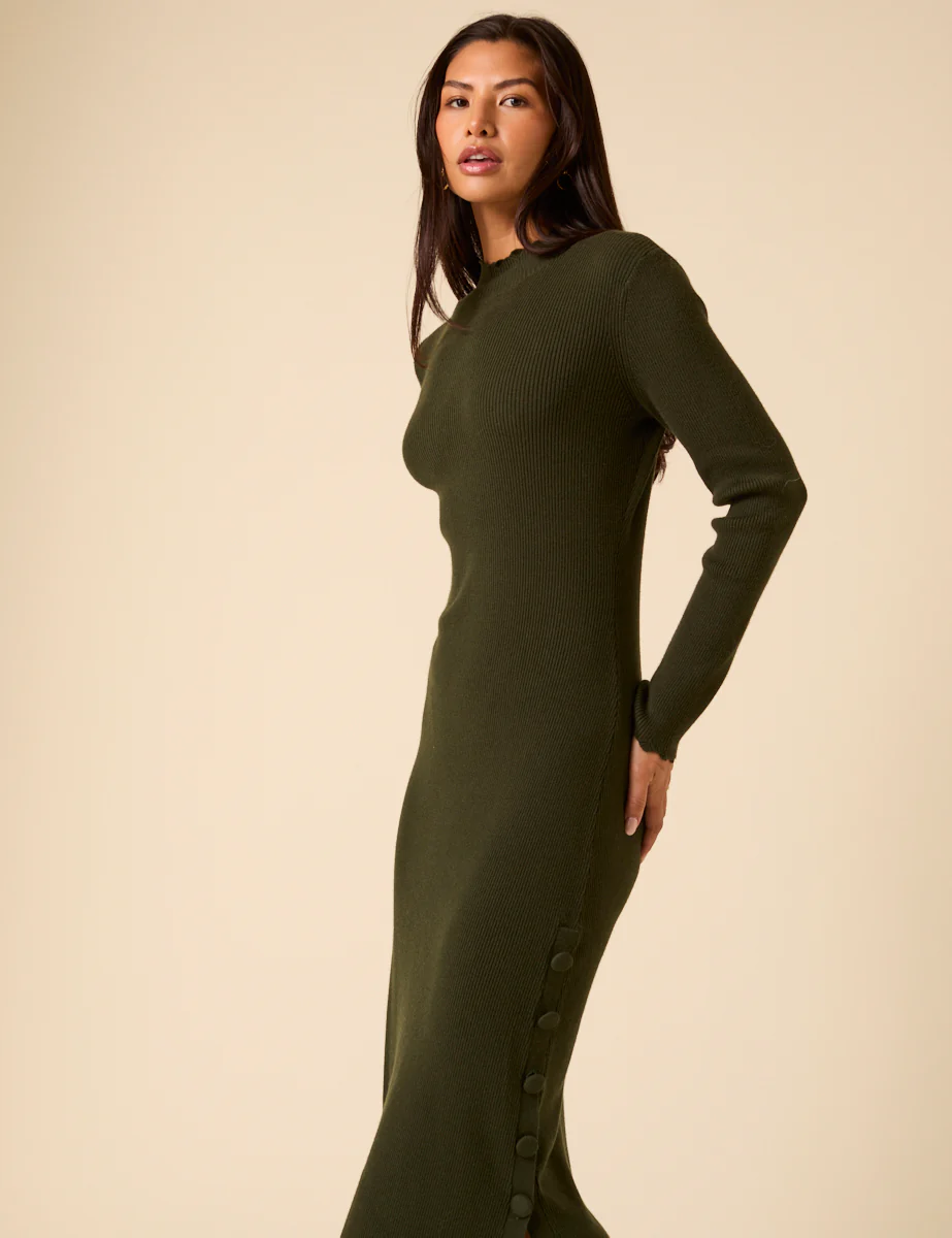 Dark Green Knitted Long Sleeve Midi Dress - Image 4