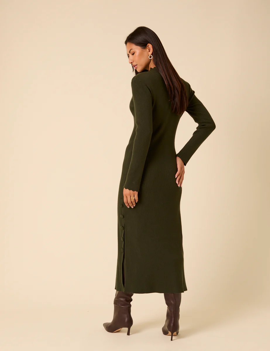 Dark Green Knitted Long Sleeve Midi Dress - Image 5