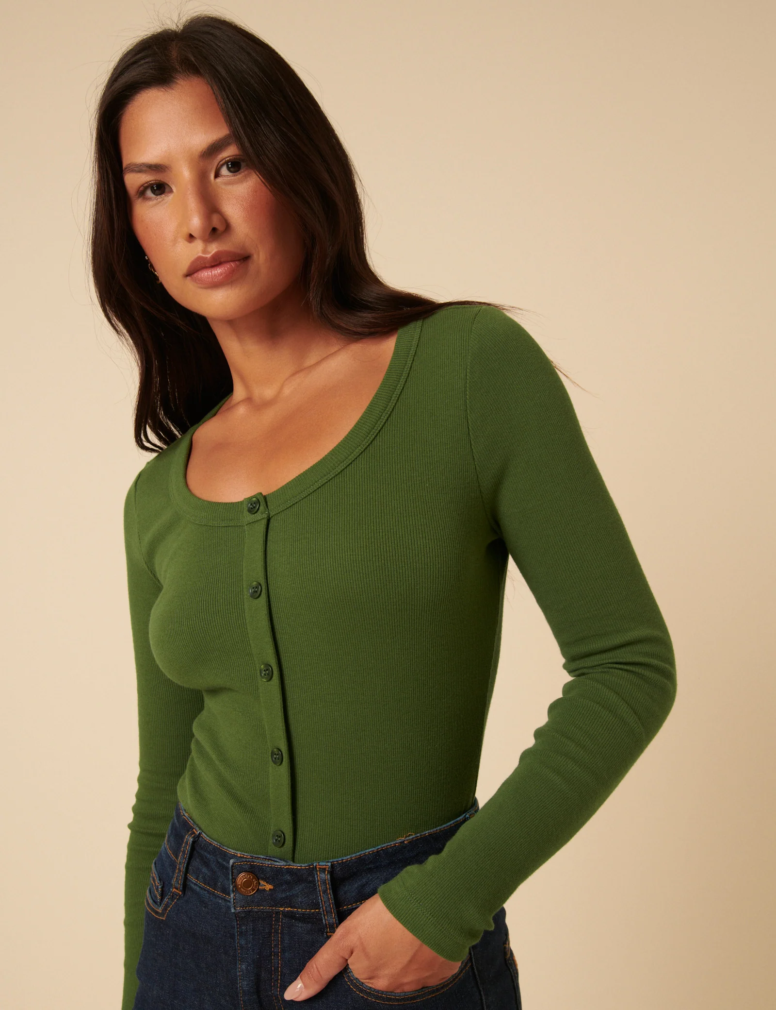 Green Ribbed Round Neck Long Sleeve Top - Image 2