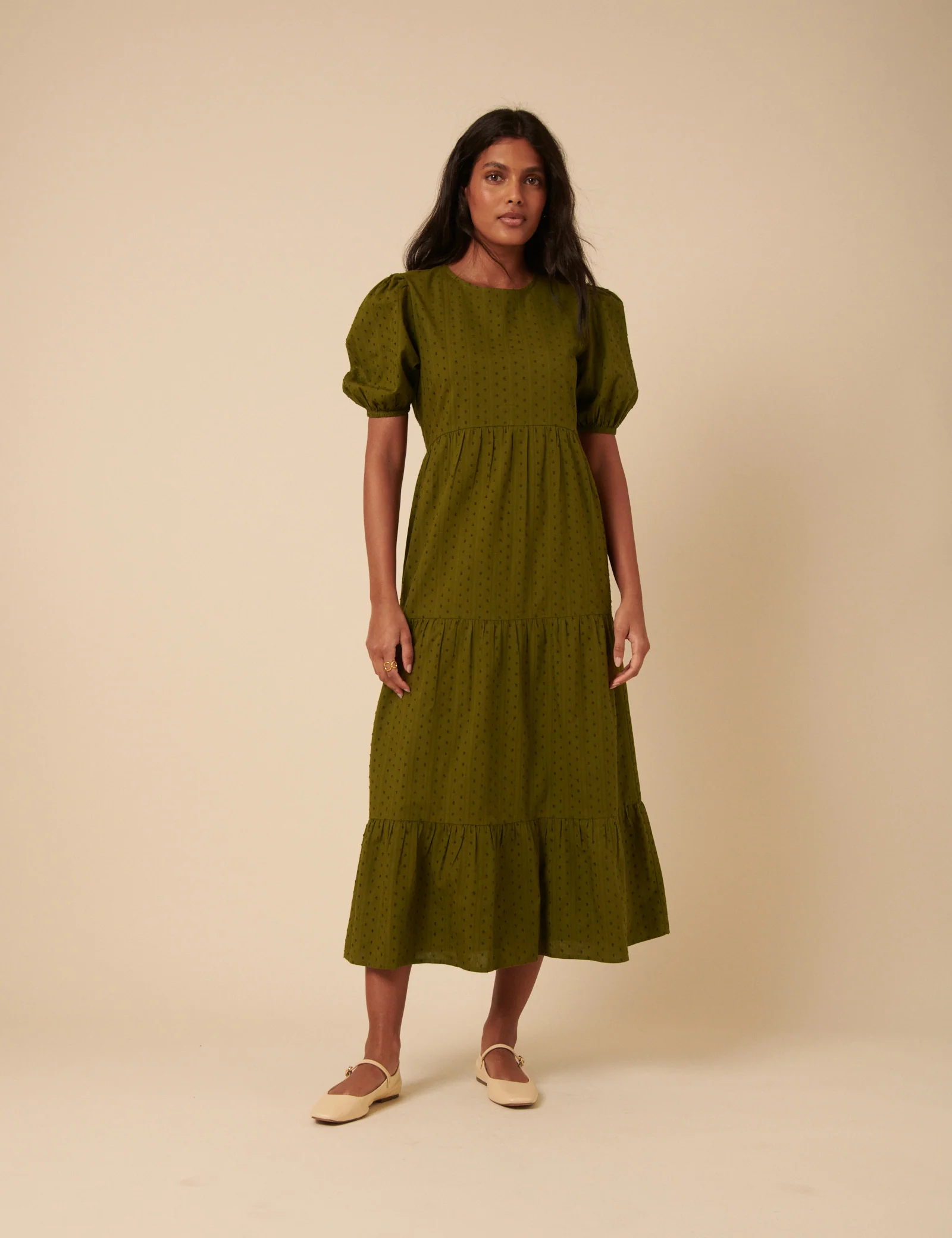 Green Spotty Puff Sleeve Betty Midi Dress - Image 3