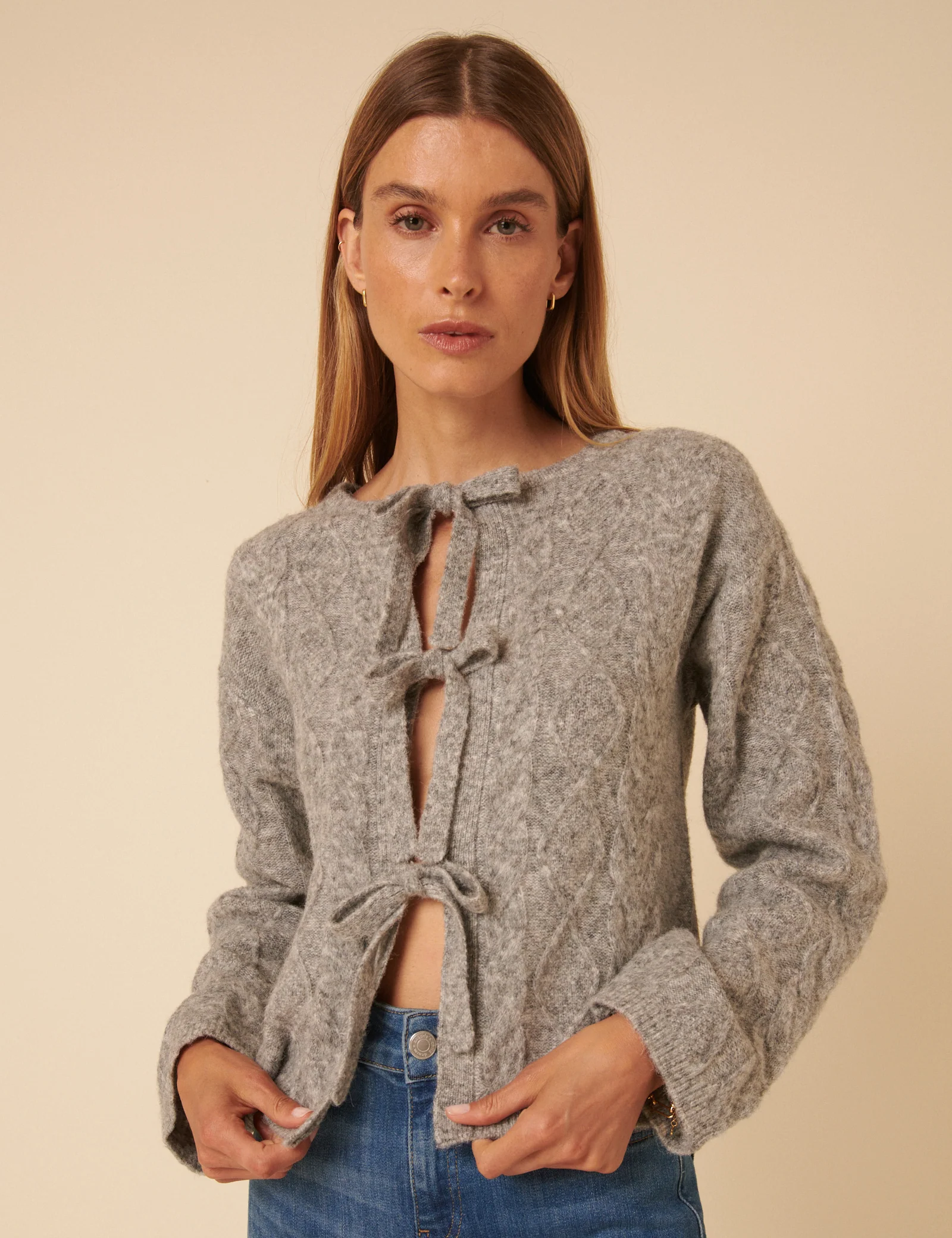 Grey Tie Front Cable Knitted Cardigan - Image 3