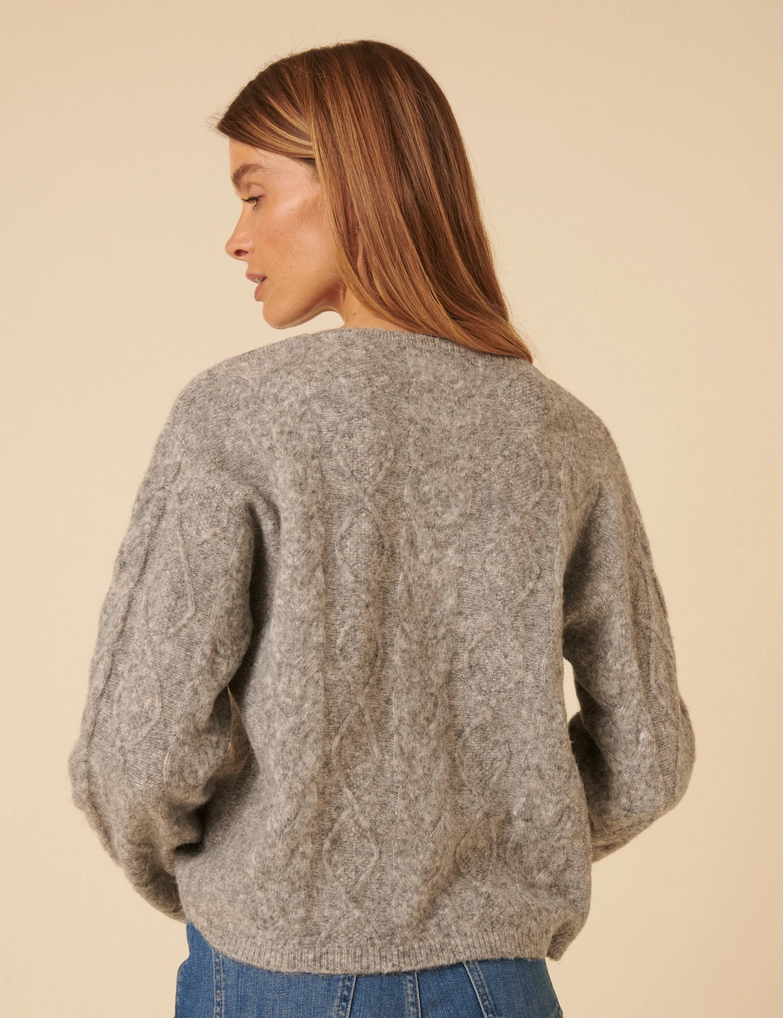 Grey Tie Front Cable Knitted Cardigan - Image 4