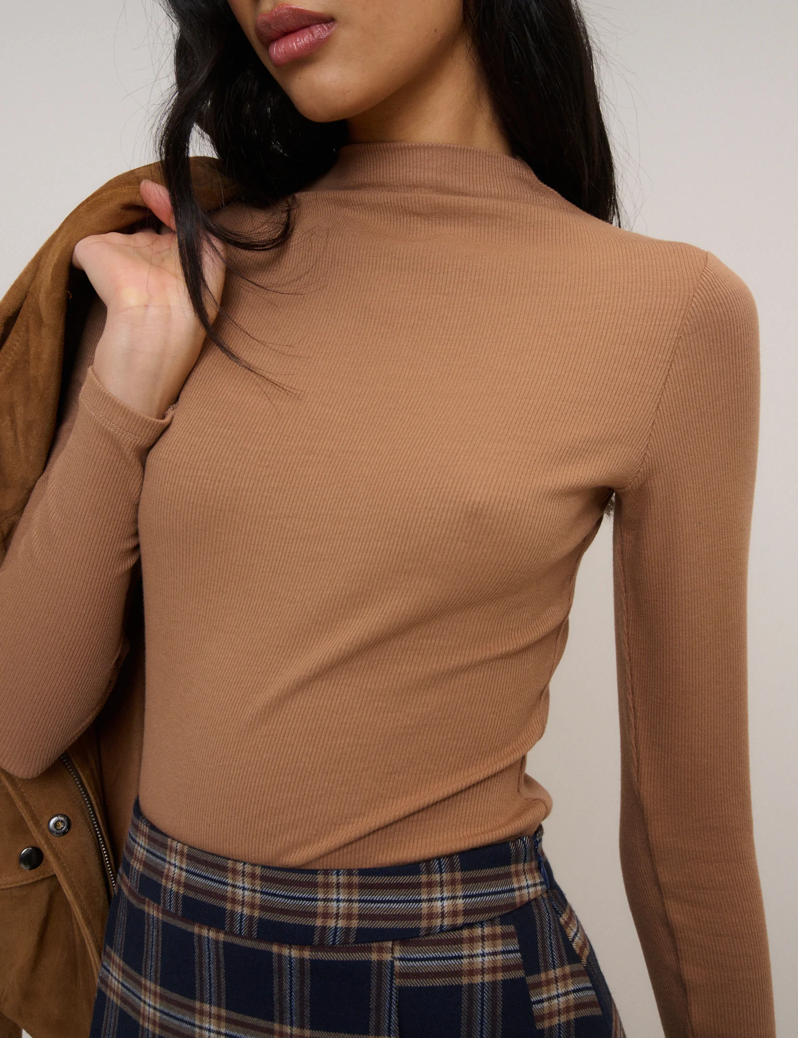 Brown High Neck Ribbed Top - Image 3