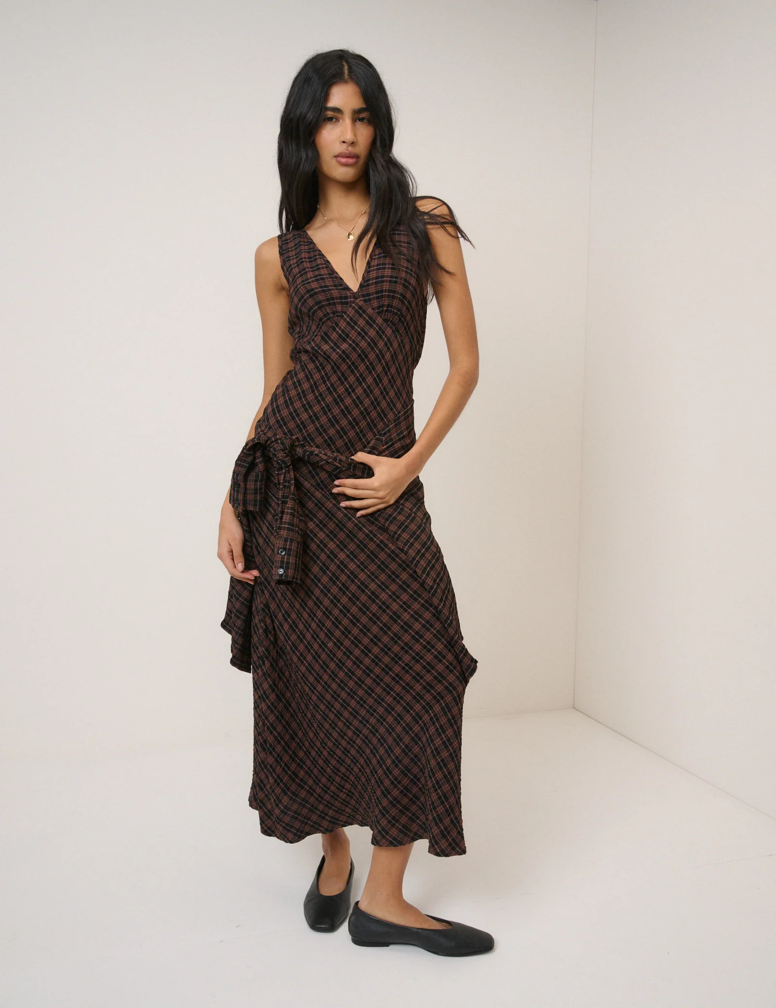 Brown Check Harmony Sleeveless Midi Dress - Image 2