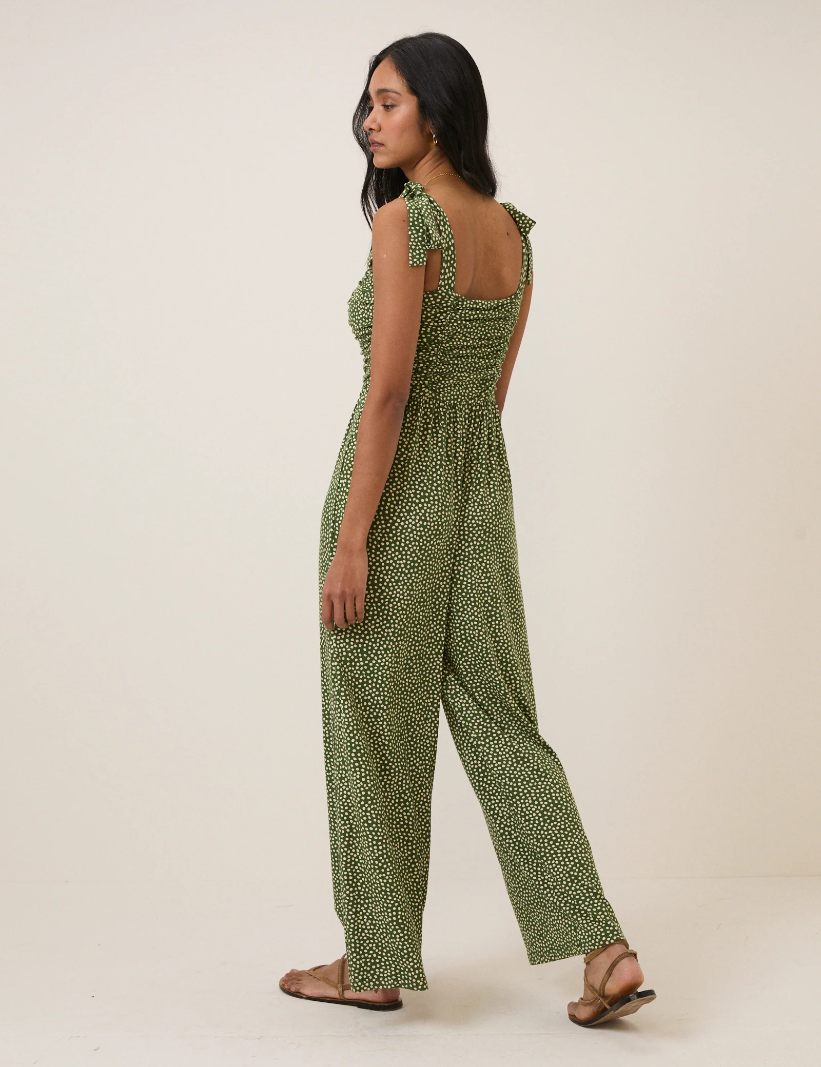 Green Polka Dot Tie Shoulder Jersey Jumpsuit - Image 5