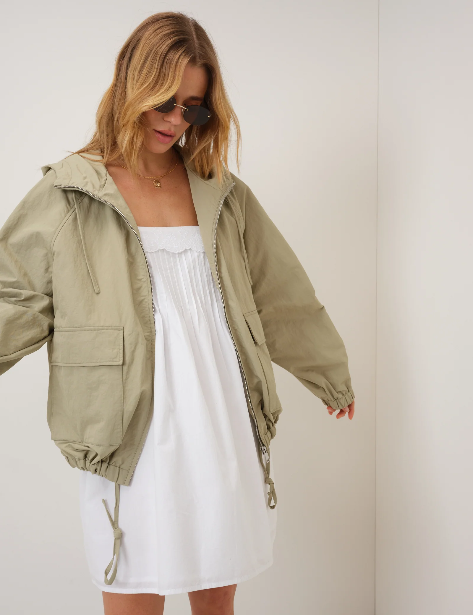 Green Hooded Funnel Neck Windbreaker Jacket - Image 3