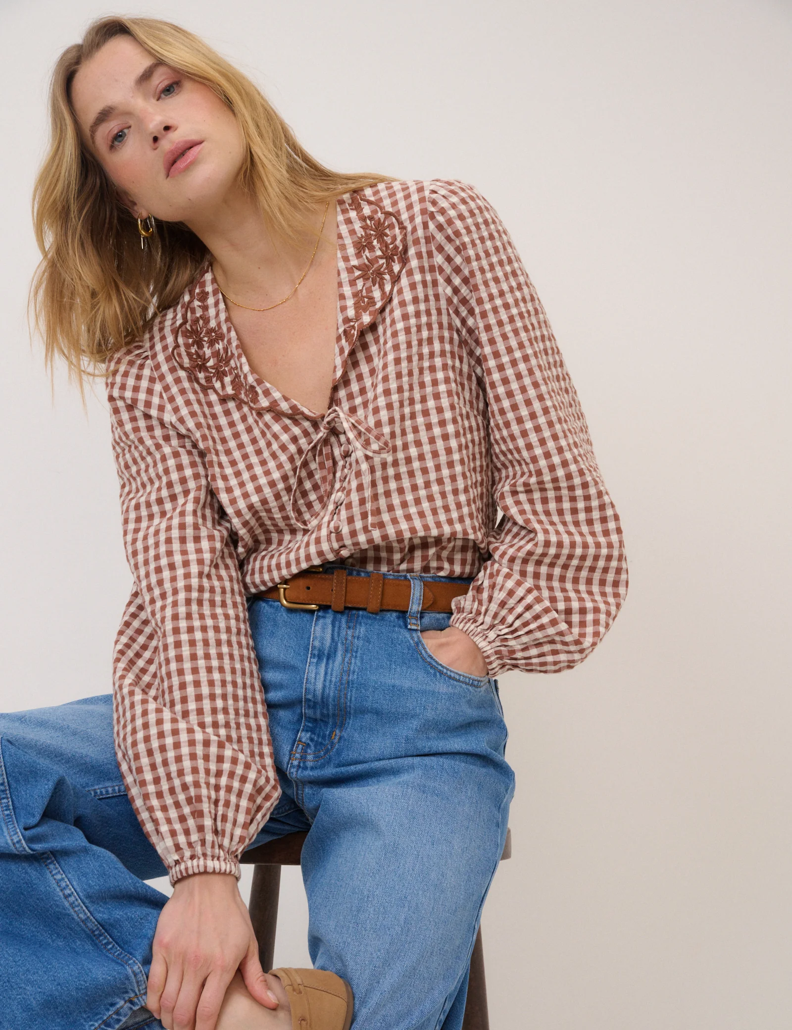 Brown Gingham Embroidered Floral Collar Blouse