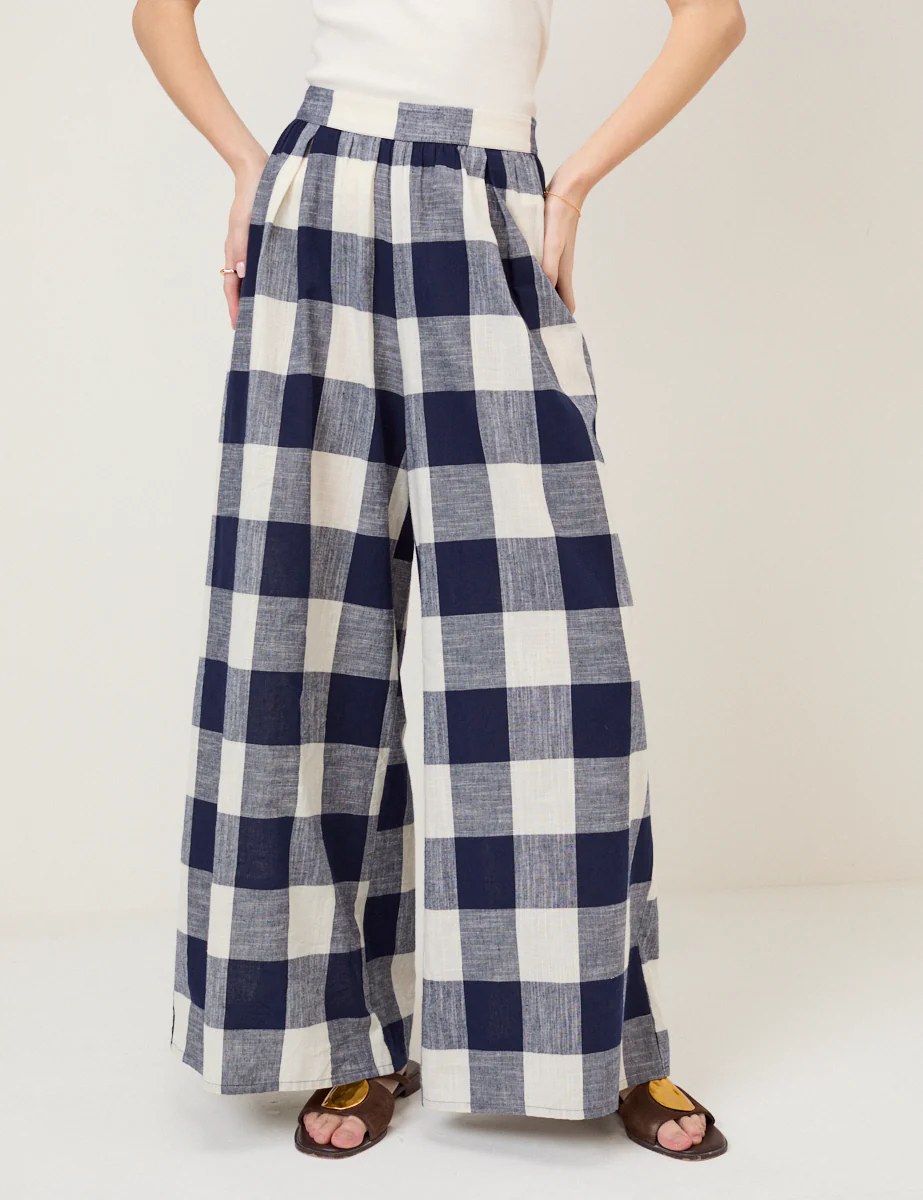 Navy Gingham Wide Leg Trousers - Image 2
