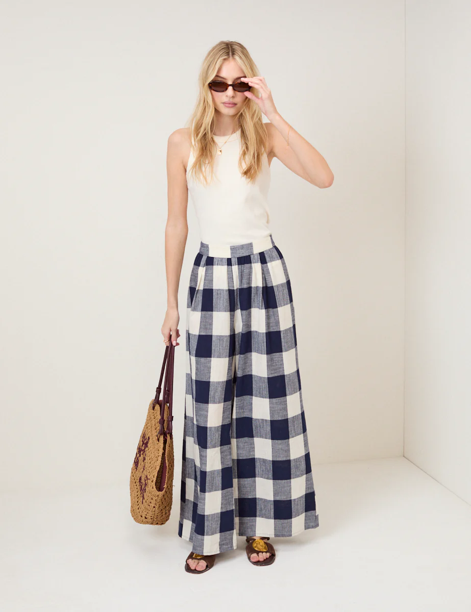 Navy Gingham Wide Leg Trousers - Image 5