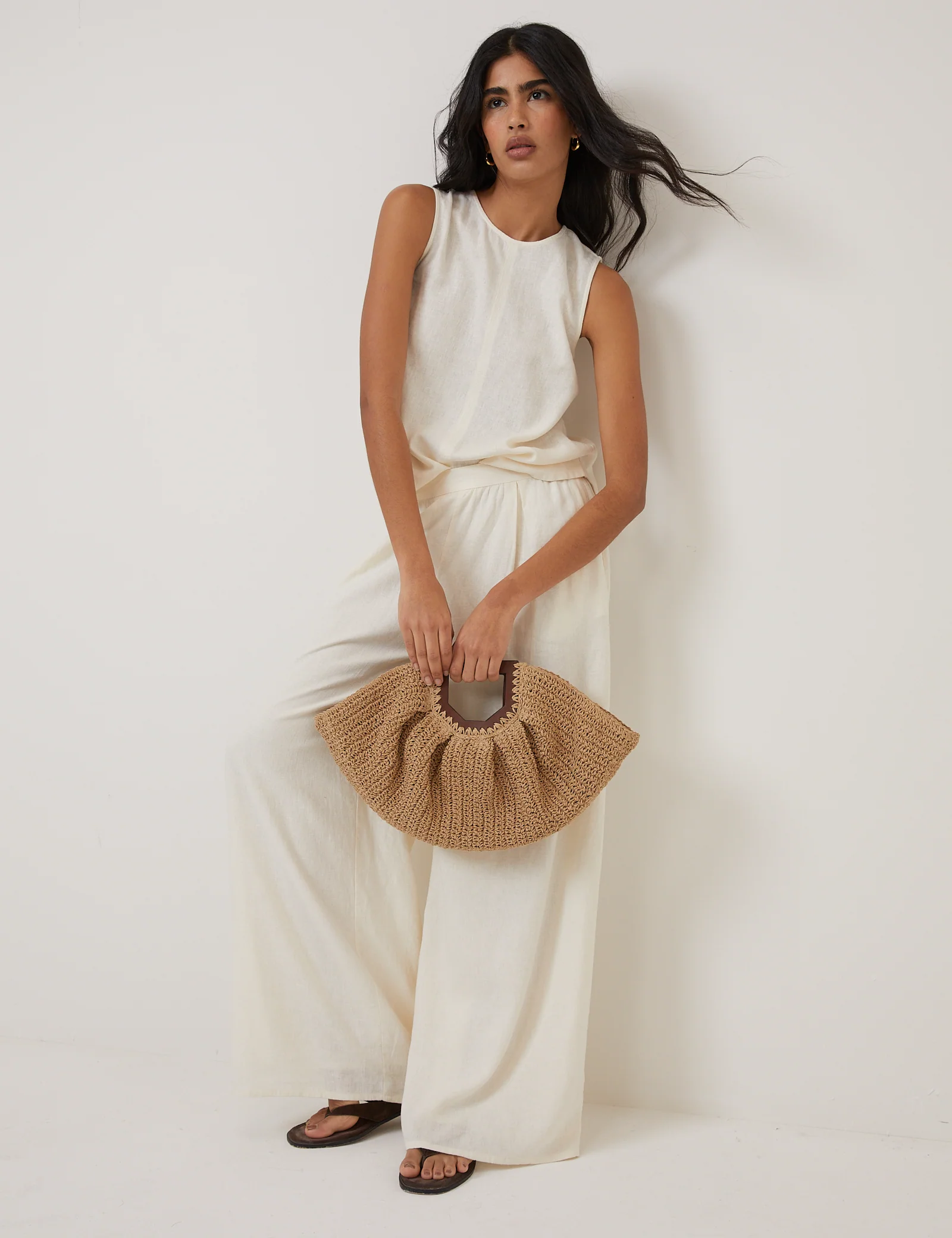 Cream Linen-blend Wide Leg Trousers