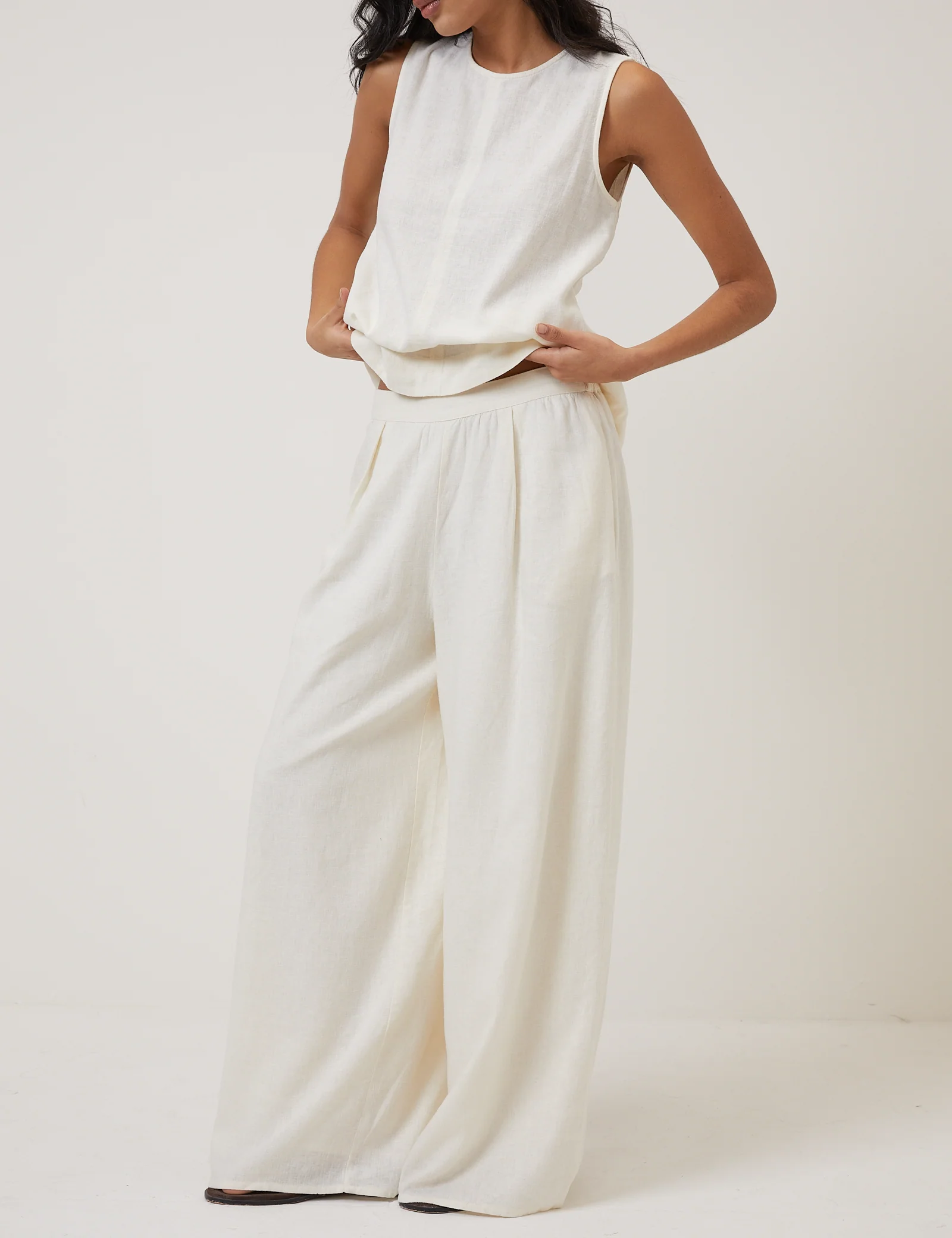 Cream Linen-blend Wide Leg Trousers - Image 2