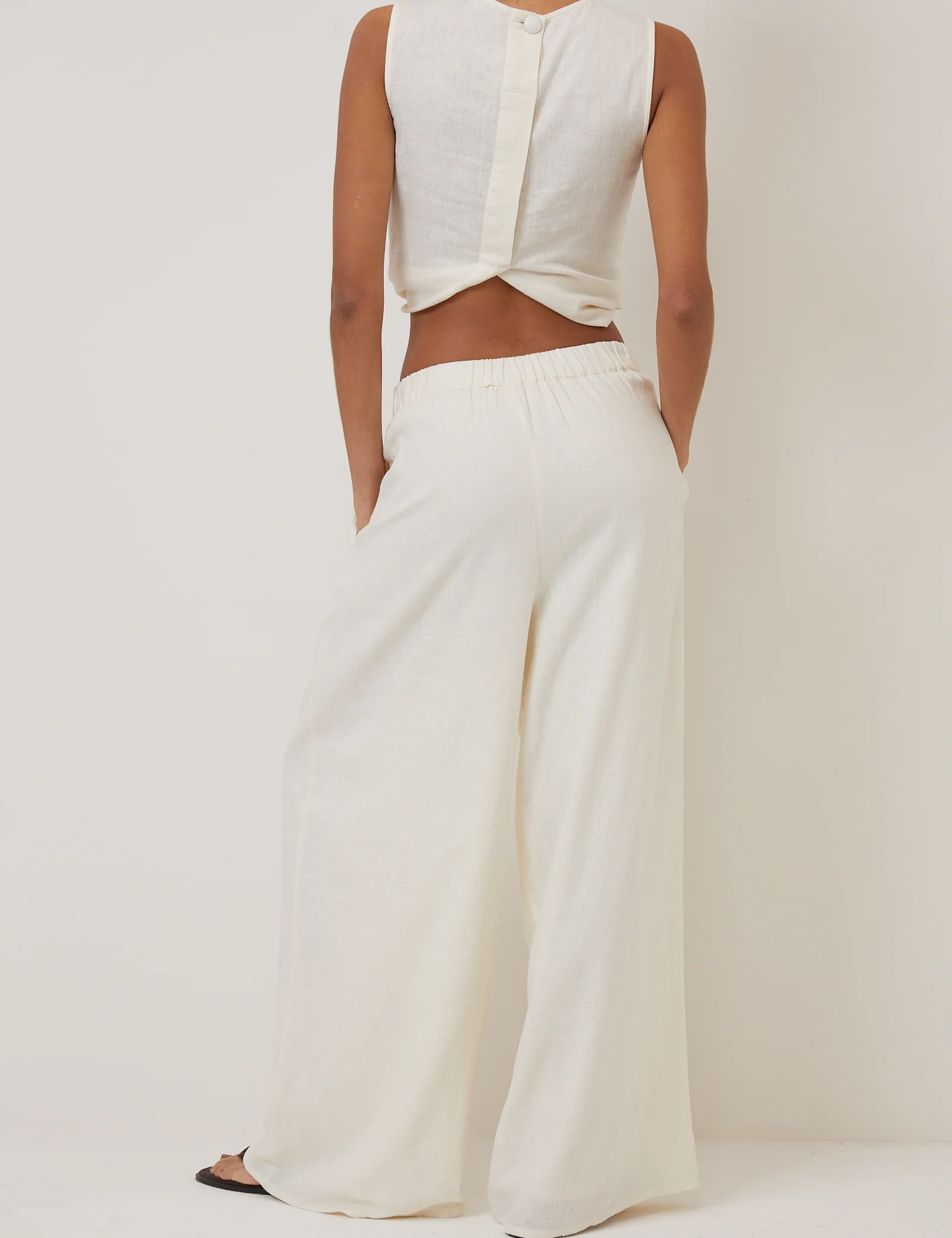 Cream Linen-blend Wide Leg Trousers - Image 4