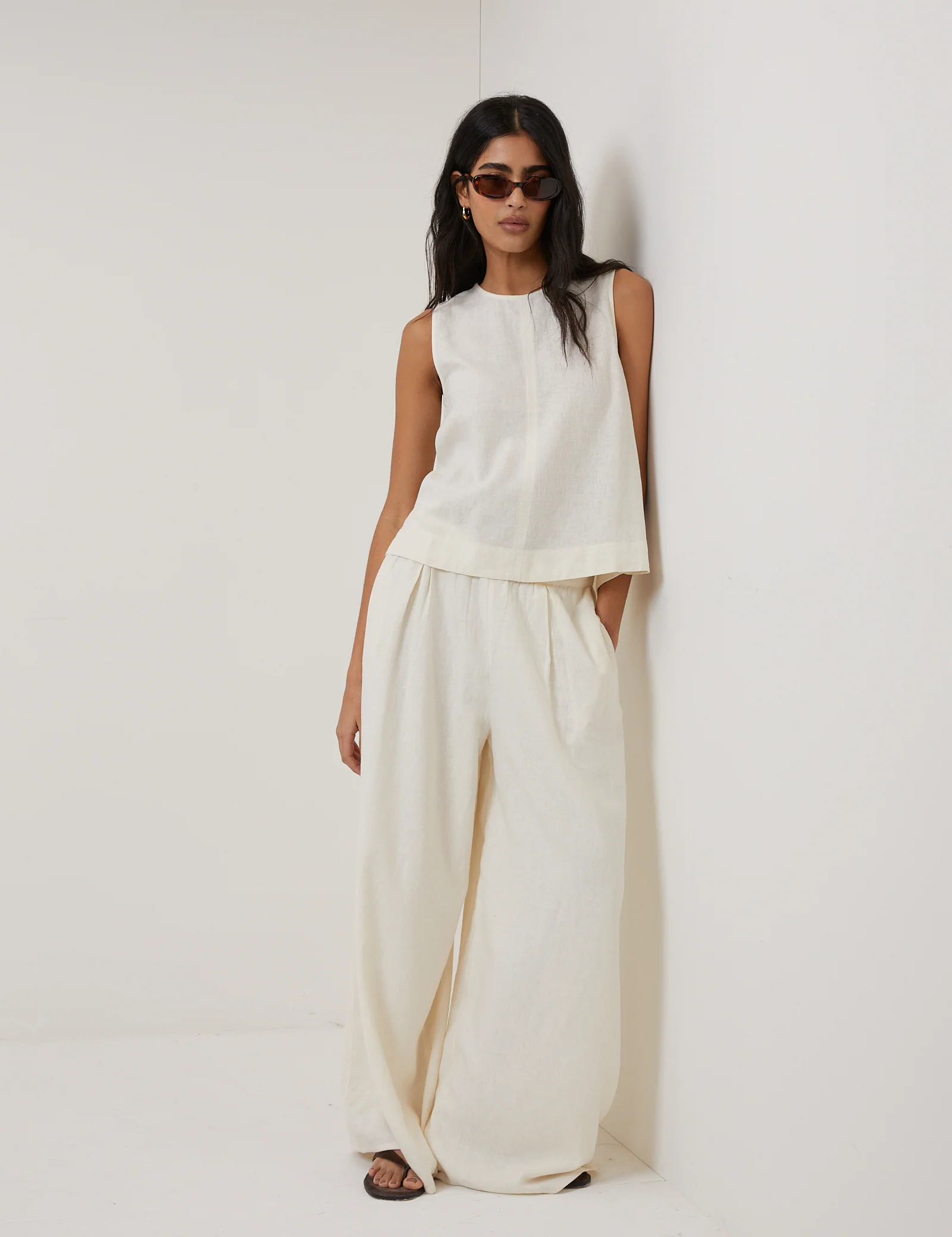 Cream Linen-blend Wide Leg Trousers - Image 5