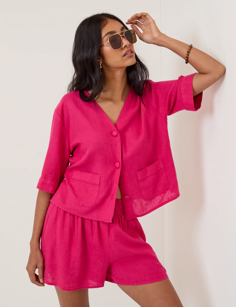 Pink Linen-Blend Elasticated Waist Shorts - Image 3