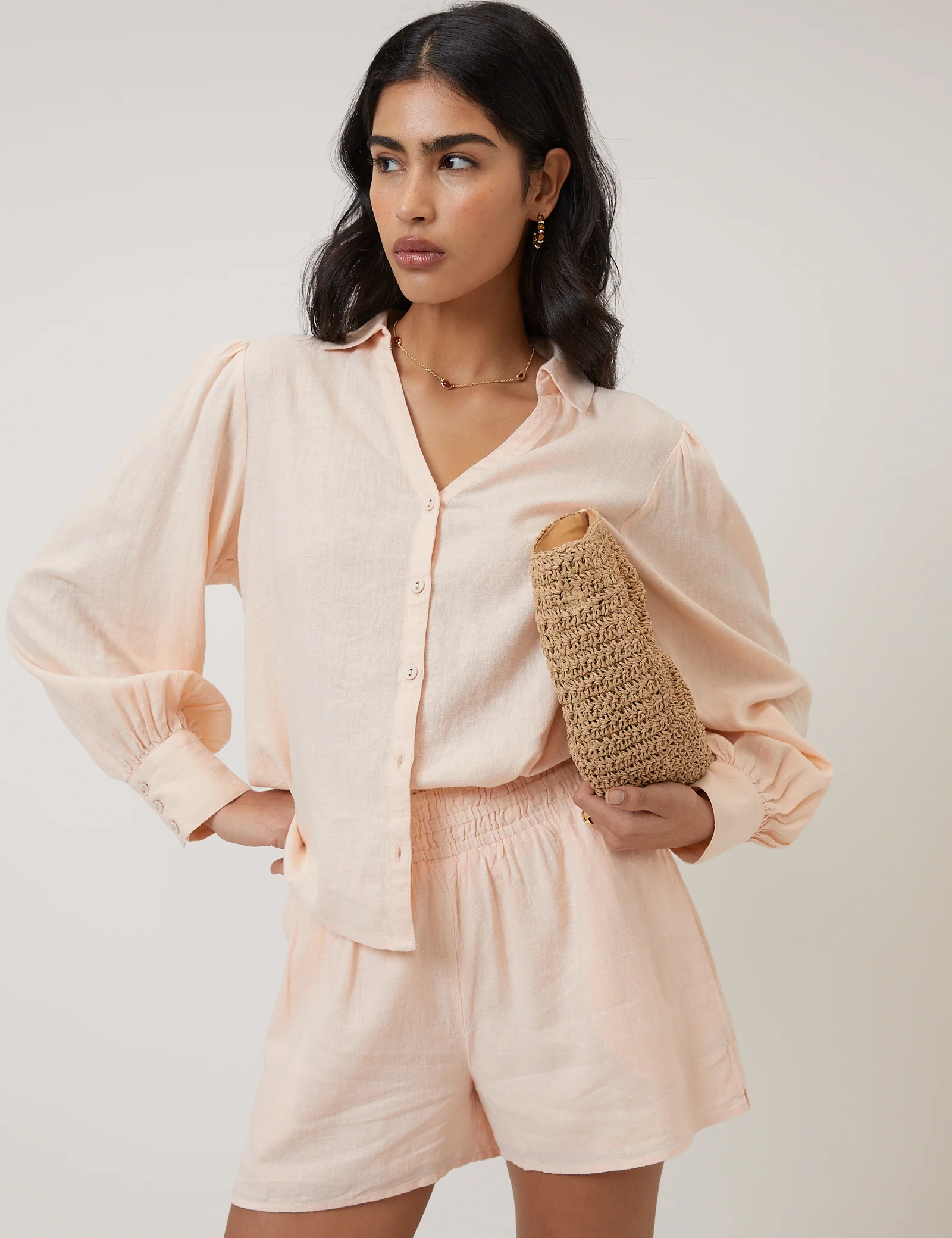 Peach Linen-Blend Elasticated Waist Shorts - Image 5
