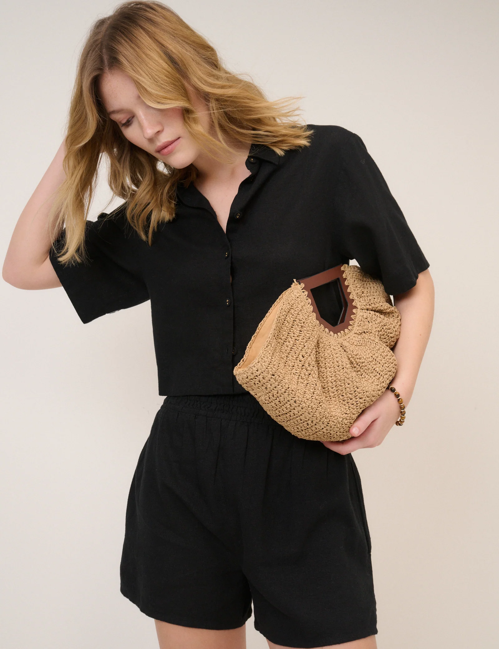 Black Linen-Blend Elasticated Waist Shorts