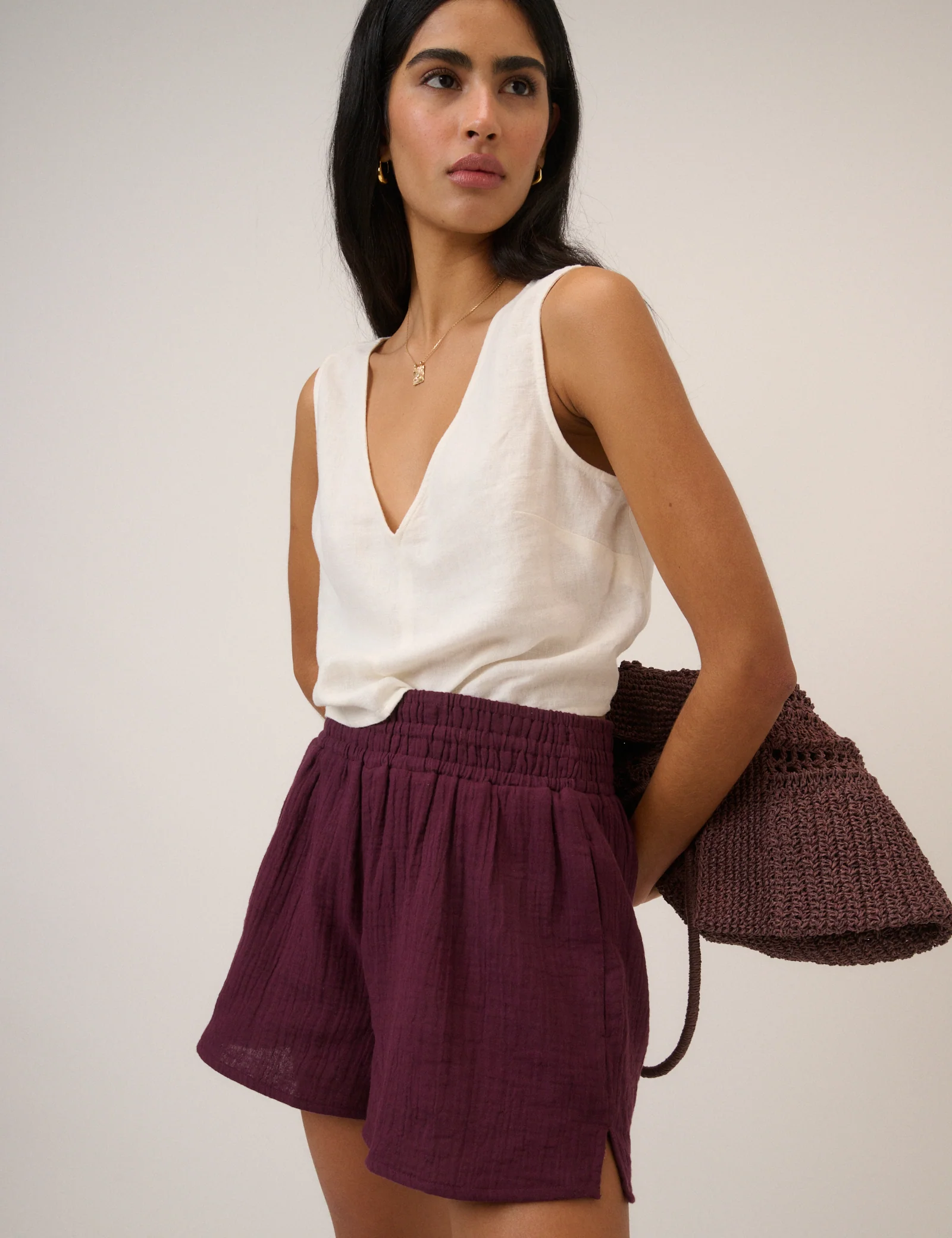 Plum Linen-Blend Elasticated Waist Shorts - Image 5