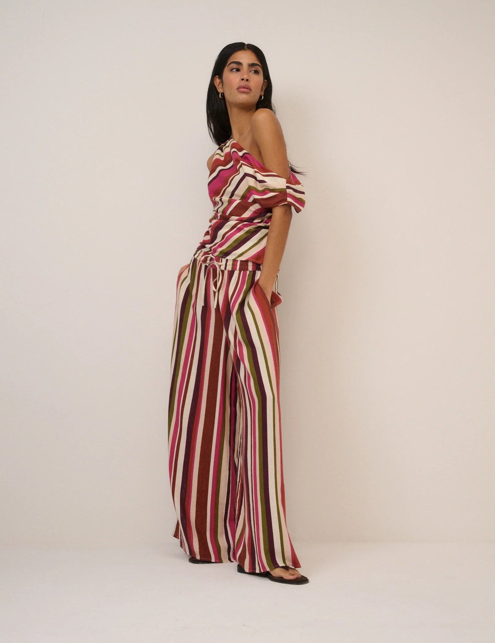 Multi-Coloured Striped Linen-Blend One Shoulder Top - Image 2