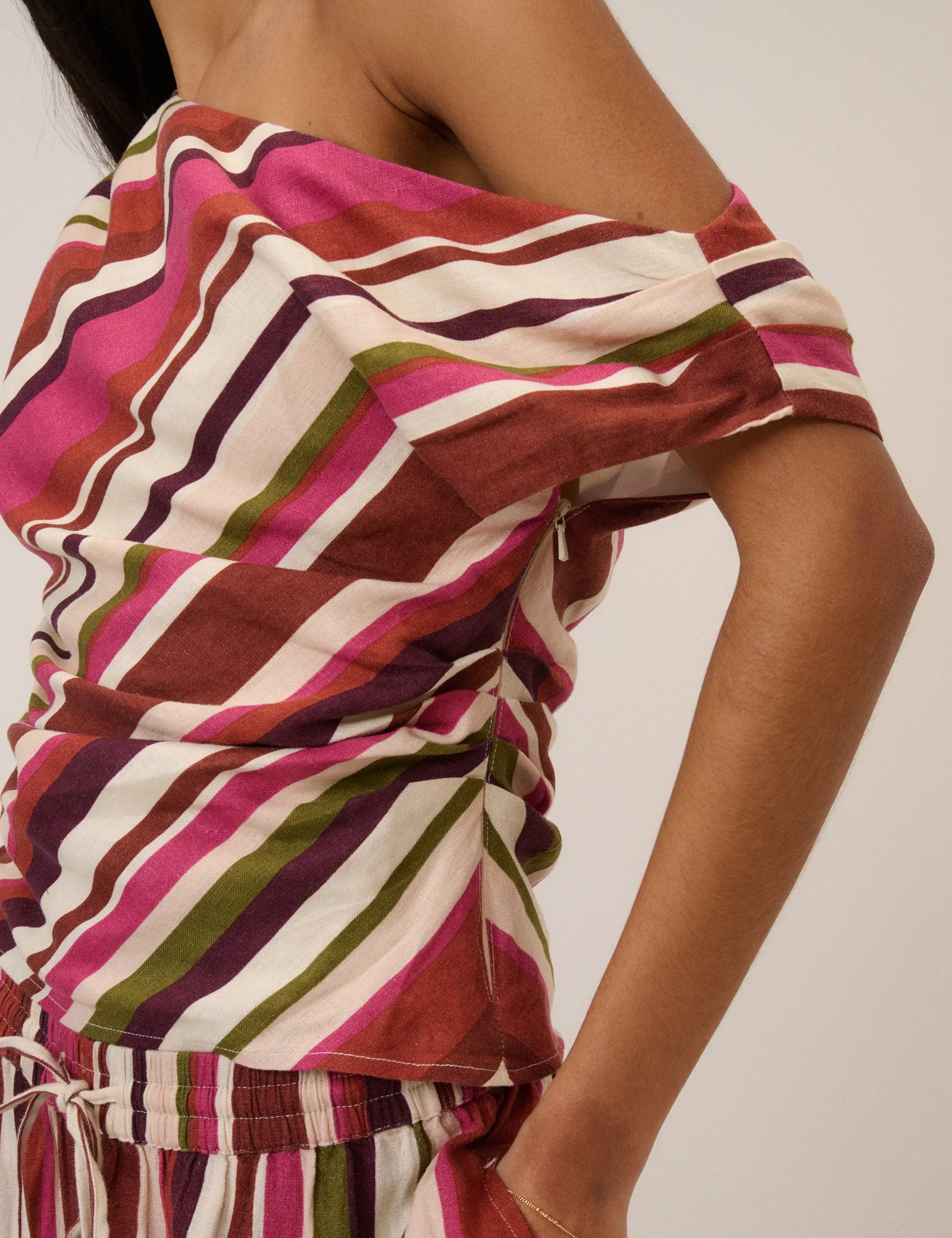 Multi-Coloured Striped Linen-Blend One Shoulder Top - Image 5