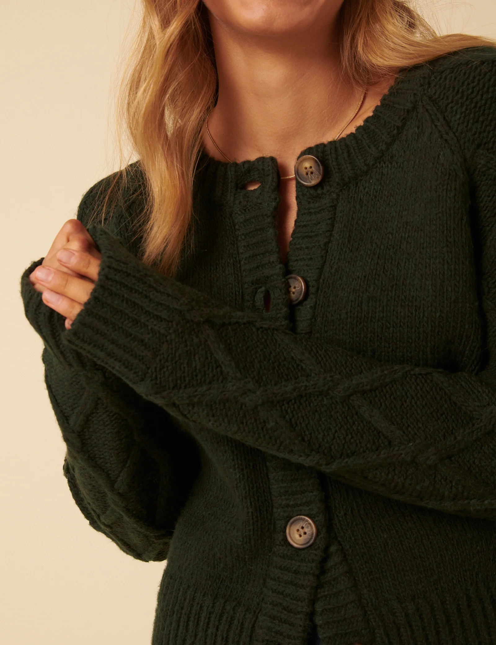 Khaki Cable Knit Crew Neck Cardigan - Image 2