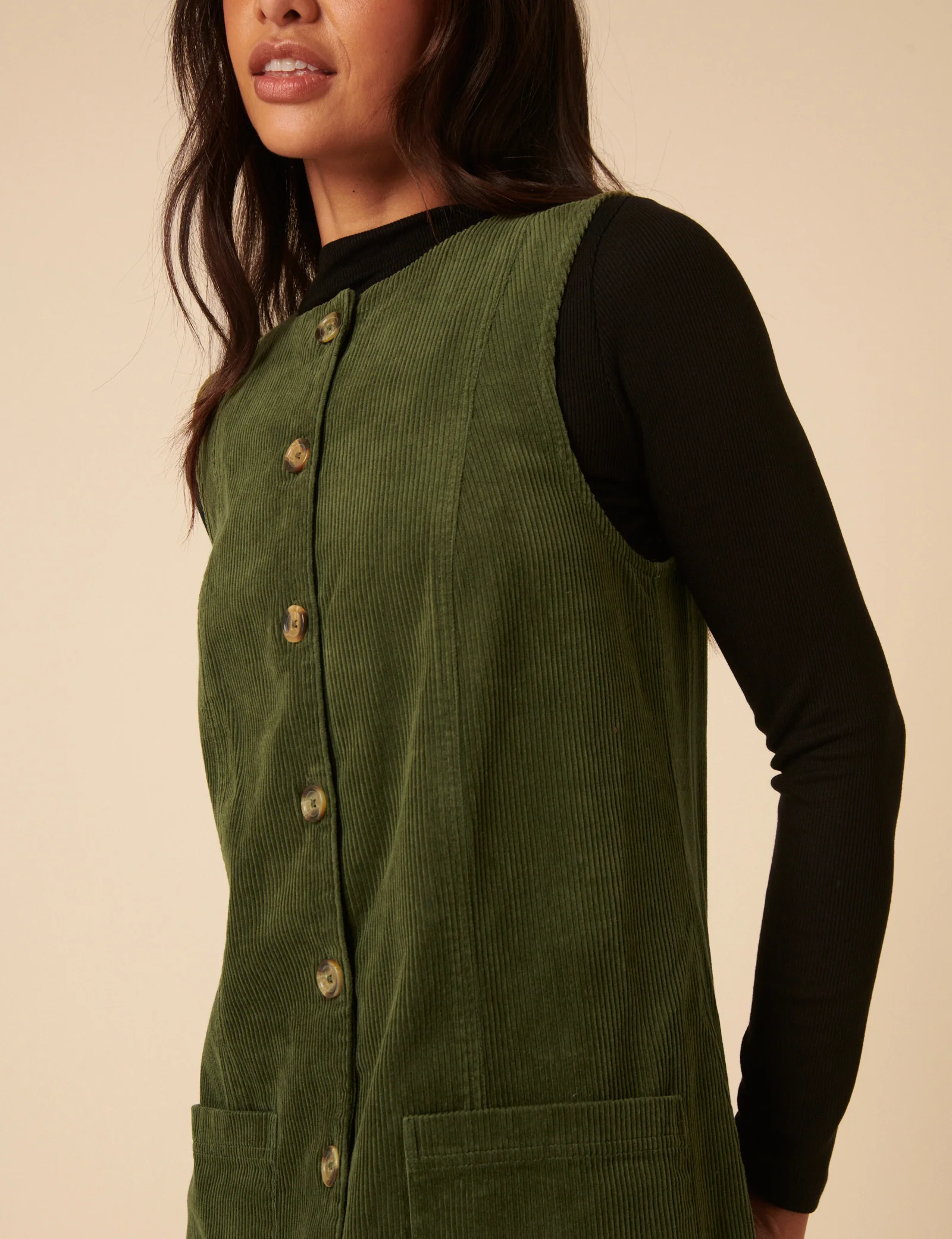 Khaki Cord Alessa Pinafore Mini Dress - Image 3