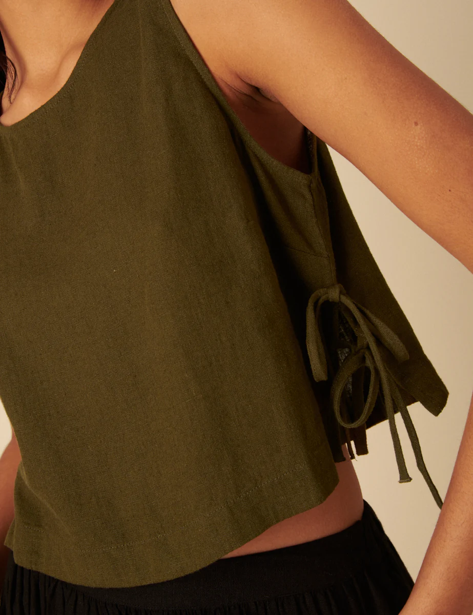 Khaki Green Linen-blend Side Tie Sleeveless Top - Image 3