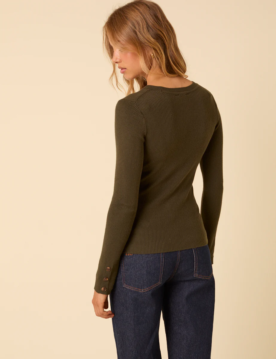 Khaki Green Rib Knitted Long Sleeve Top - Image 5