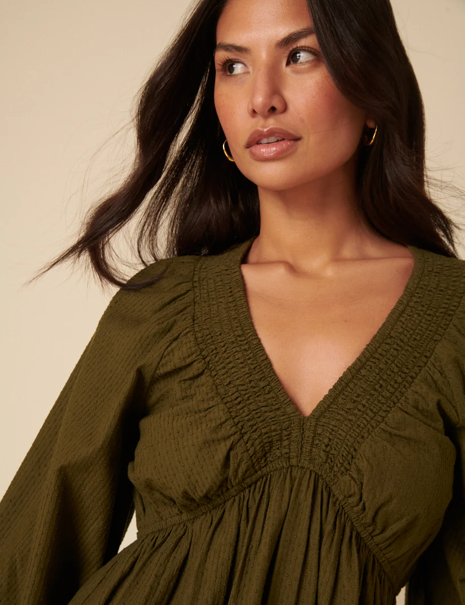 Khaki Long Sleeve Irene Mini Dress - Image 2