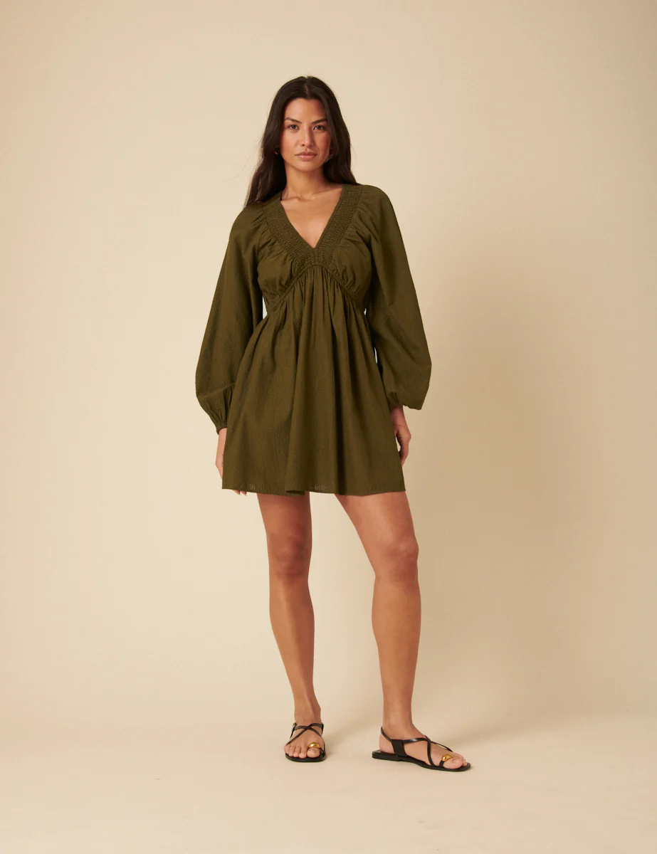 Khaki Long Sleeve Irene Mini Dress - Image 3