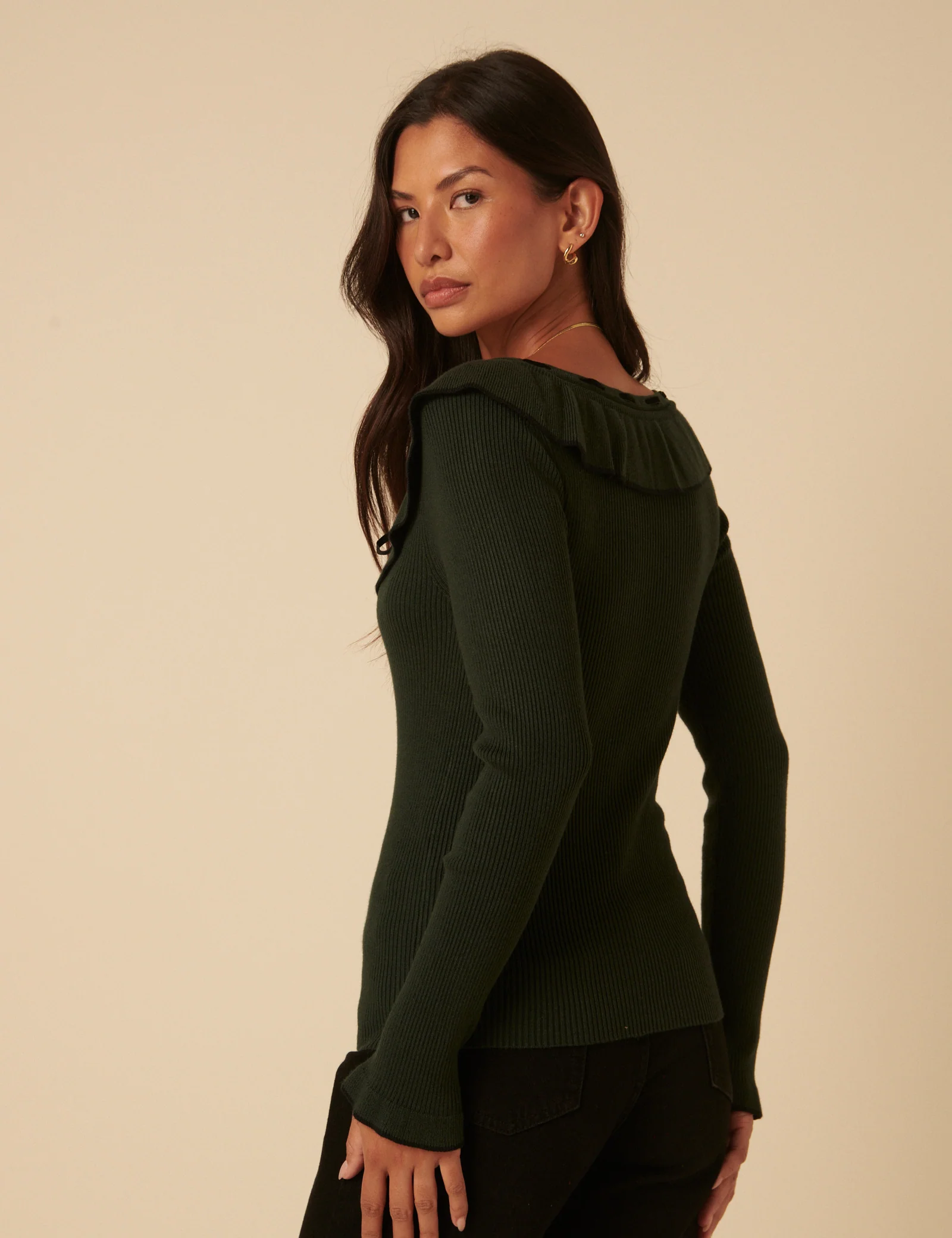 Khaki Ruffle Collar Knitted Top - Image 5
