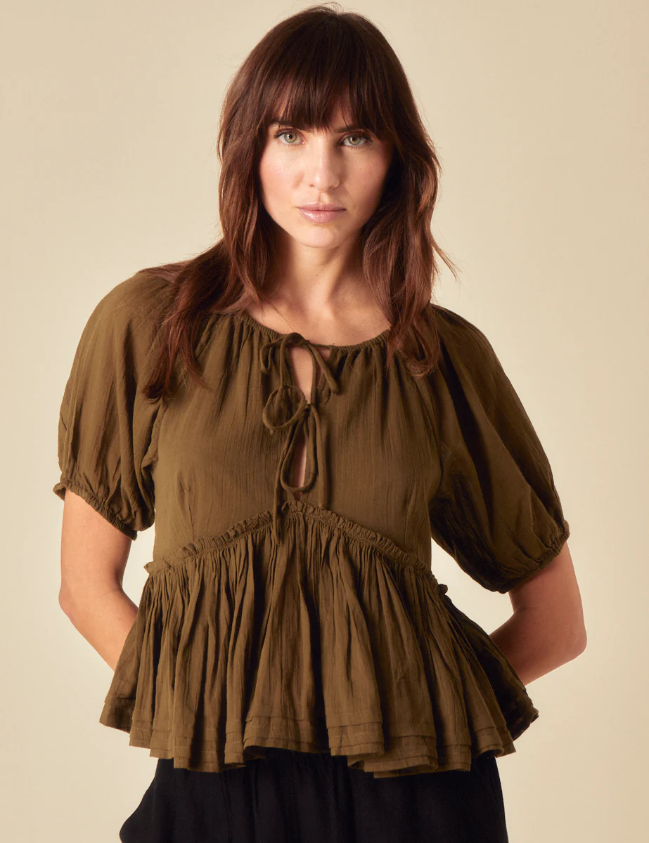 Khaki Tie Front Peplum Top