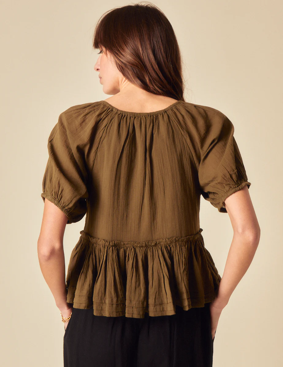 Khaki Tie Front Peplum Top - Image 3