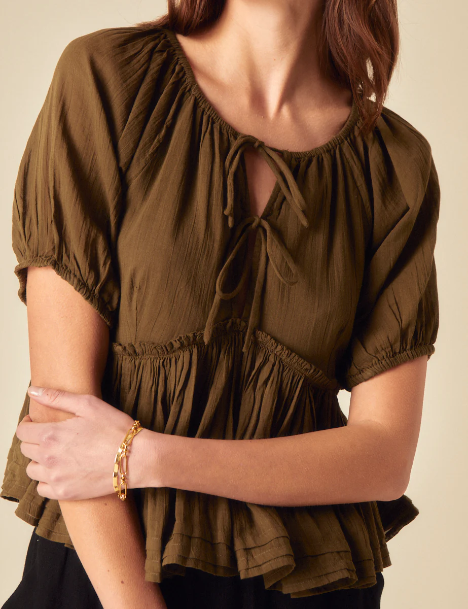 Khaki Tie Front Peplum Top - Image 4