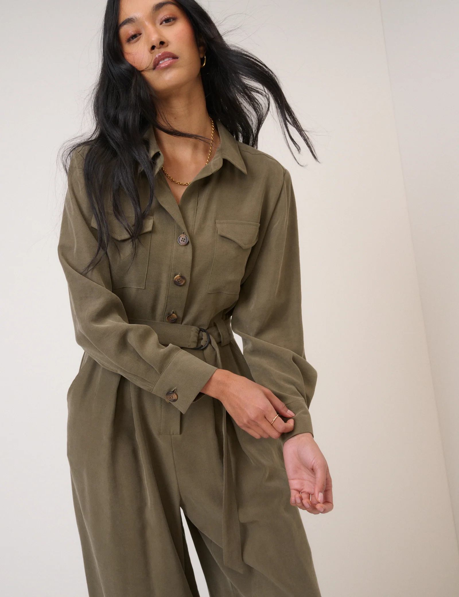 Khaki Twill Tie Waist Jumpsuit - Image 3