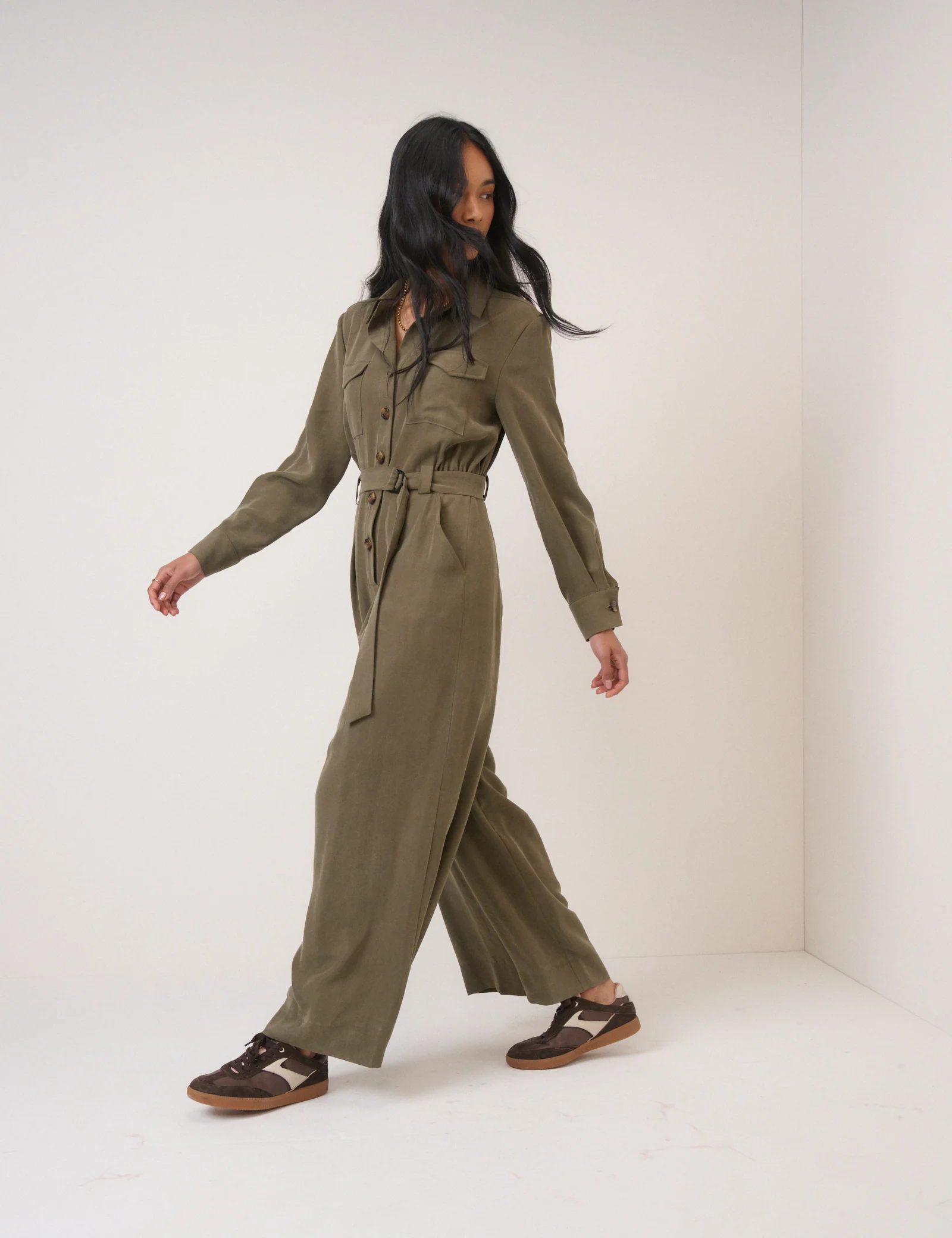 Khaki Twill Tie Waist Jumpsuit - Image 4