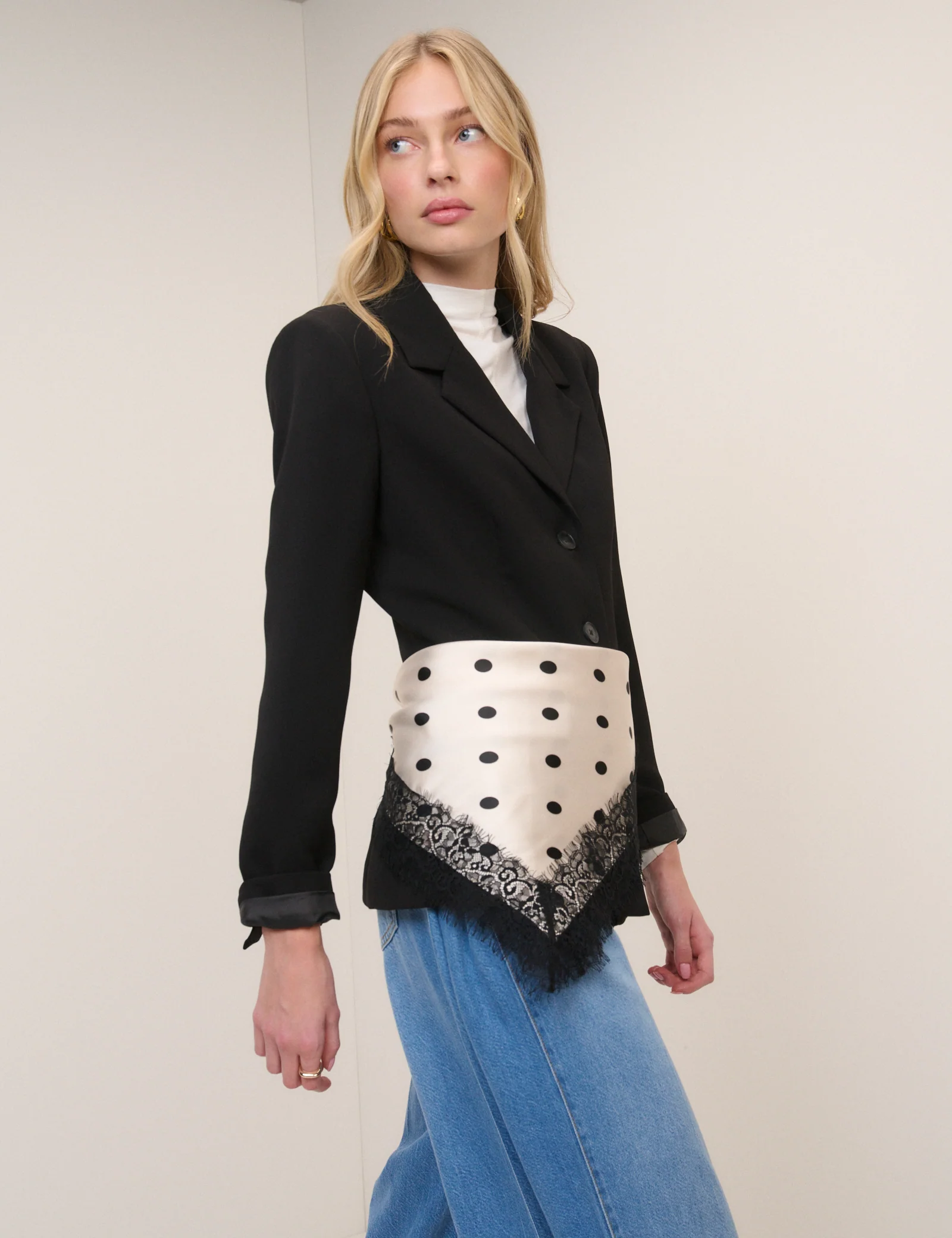 White Polka Dot Lace Trim Scarf - Image 3
