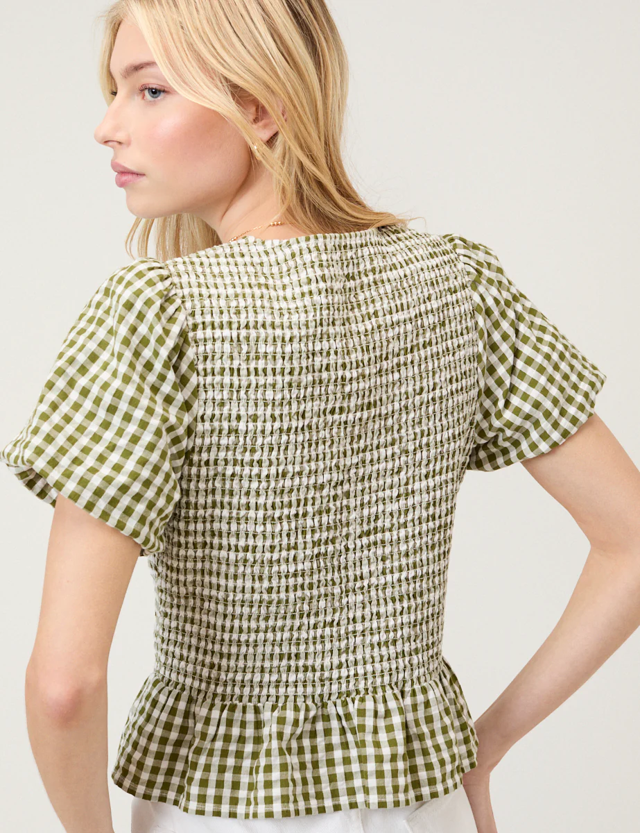 Green Gingham Puff Sleeve Top - Image 5
