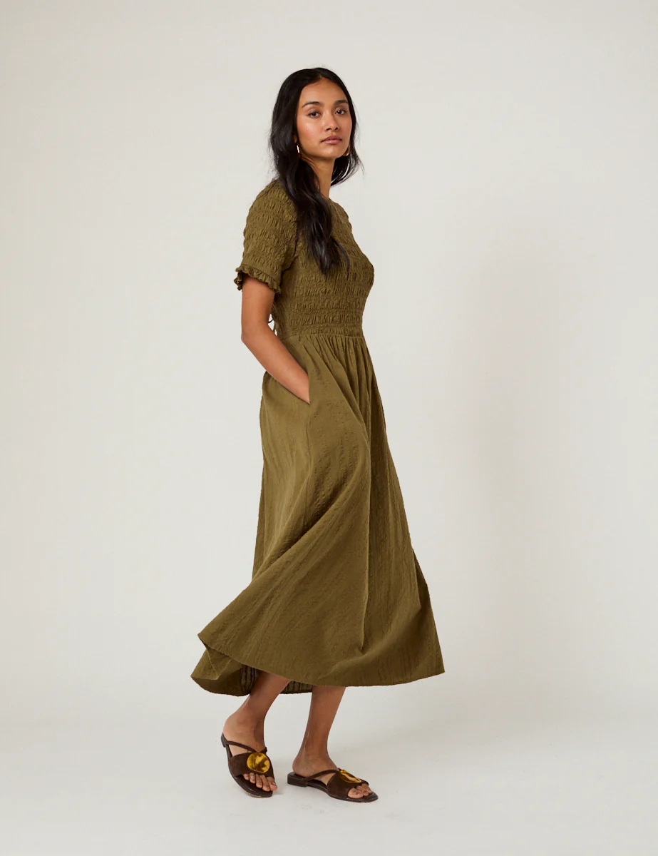 Khaki Shirred Leah Midi Dress - Image 3