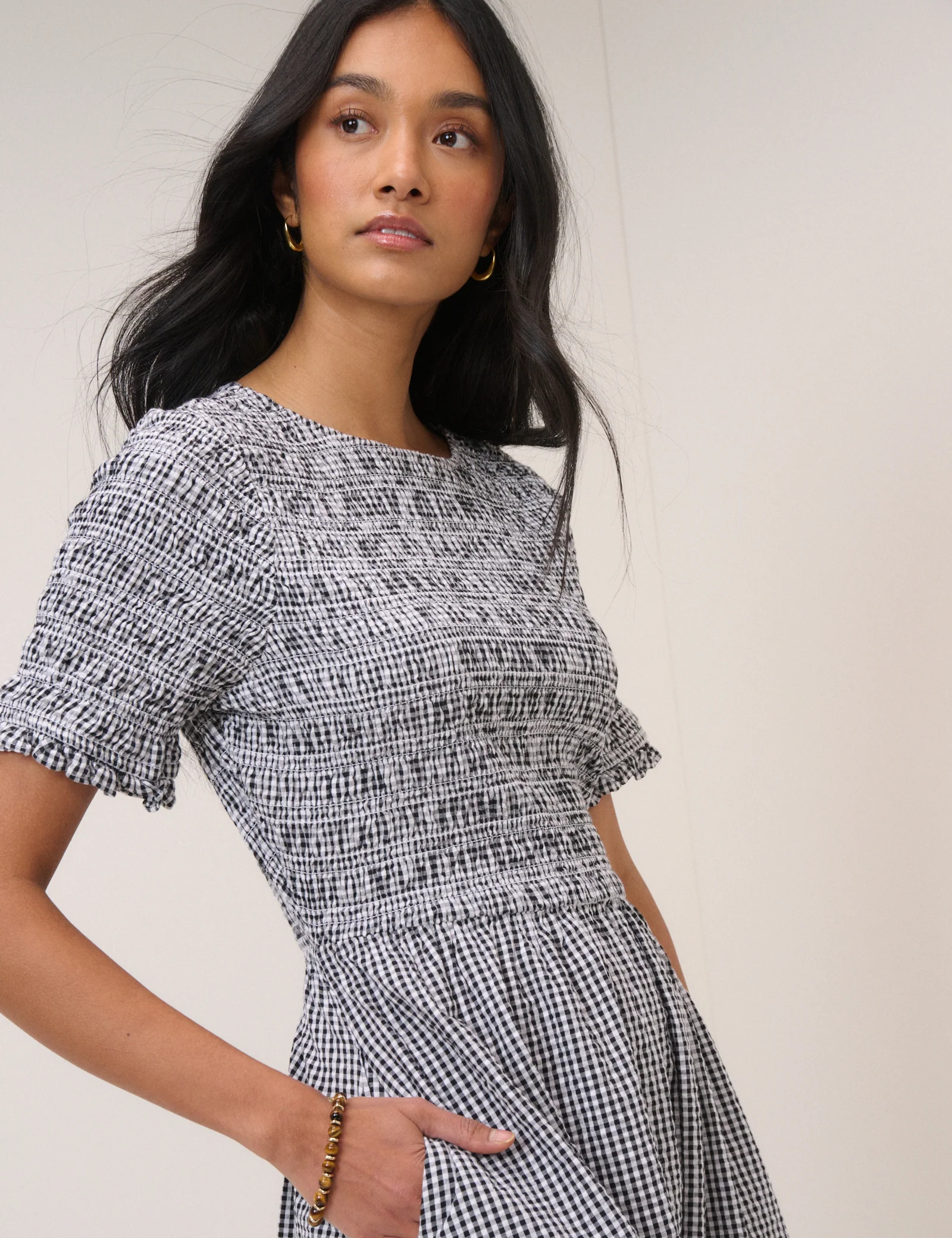 Navy Gingham Shirred Leah Midi Dress - Image 3