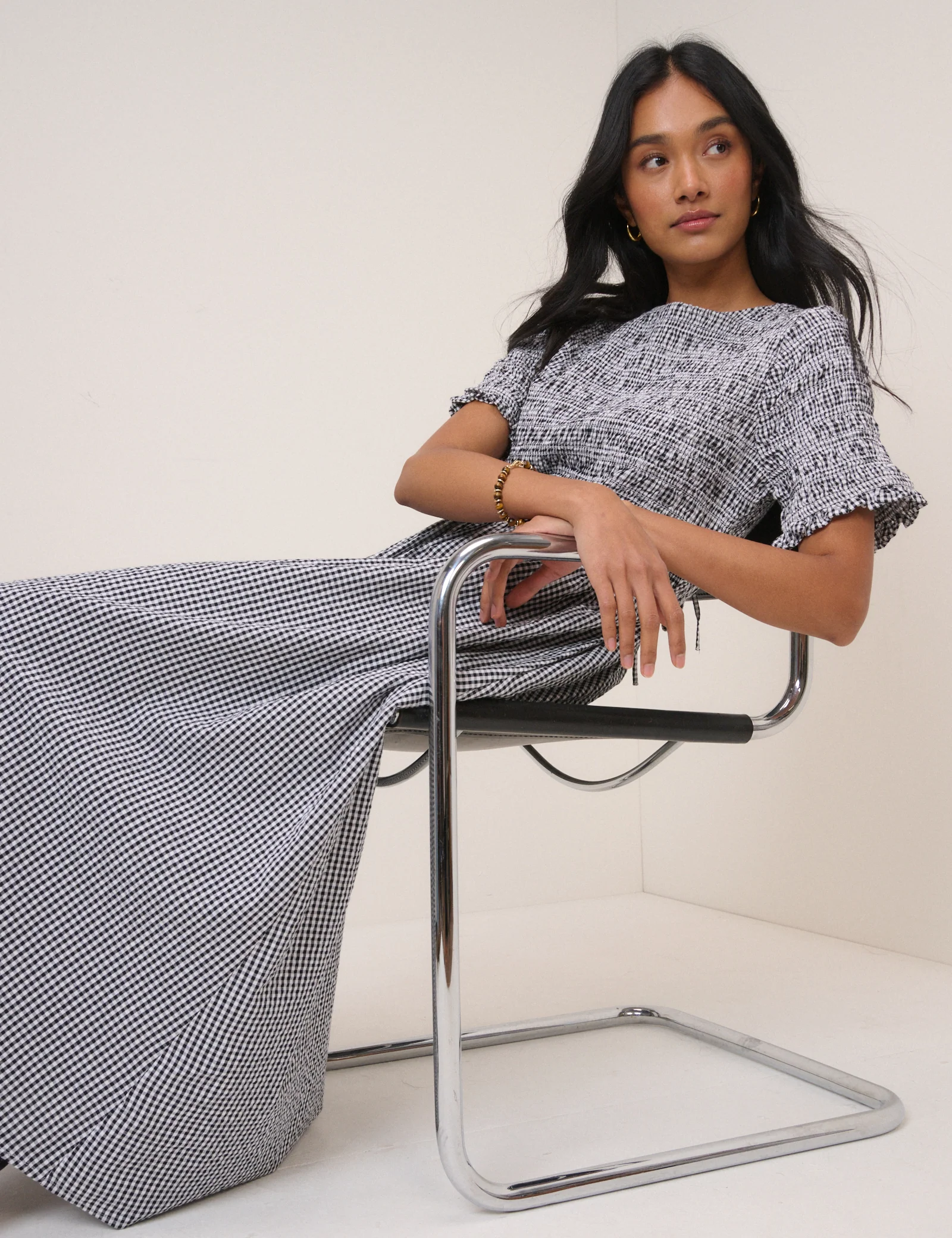 Navy Gingham Shirred Leah Midi Dress - Image 4