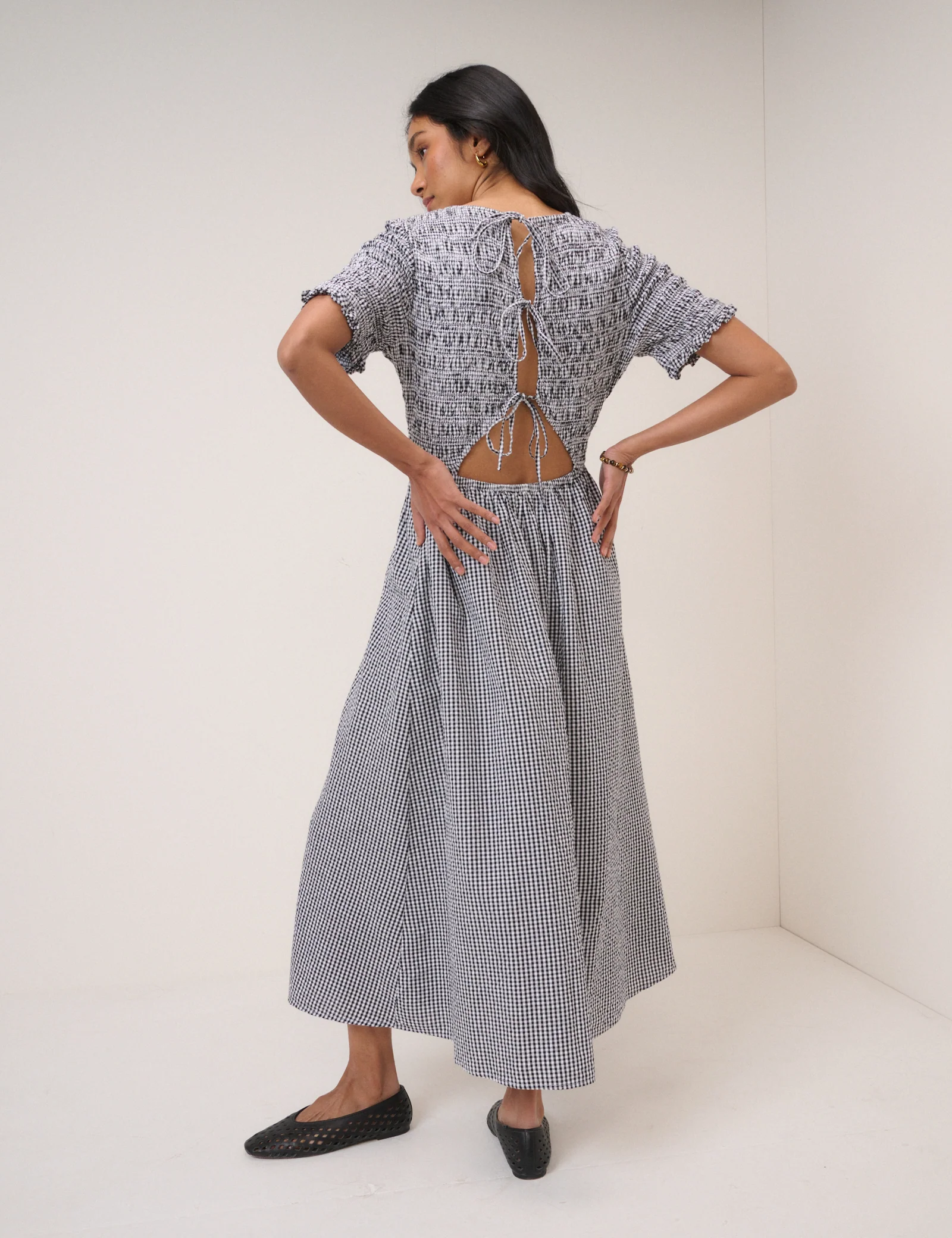Navy Gingham Shirred Leah Midi Dress - Image 5