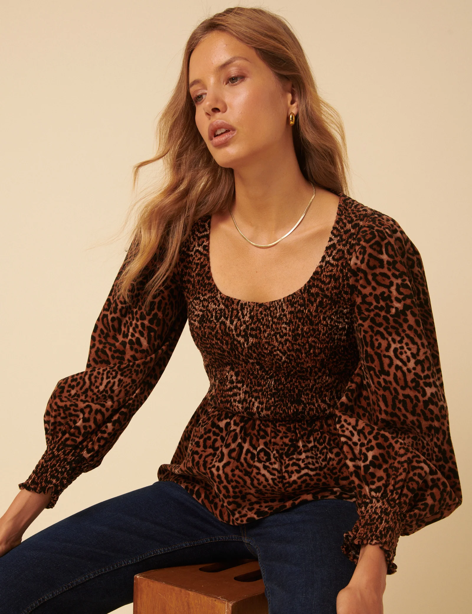 Leopard Print Shirred Balloon Sleeve Top - Image 2