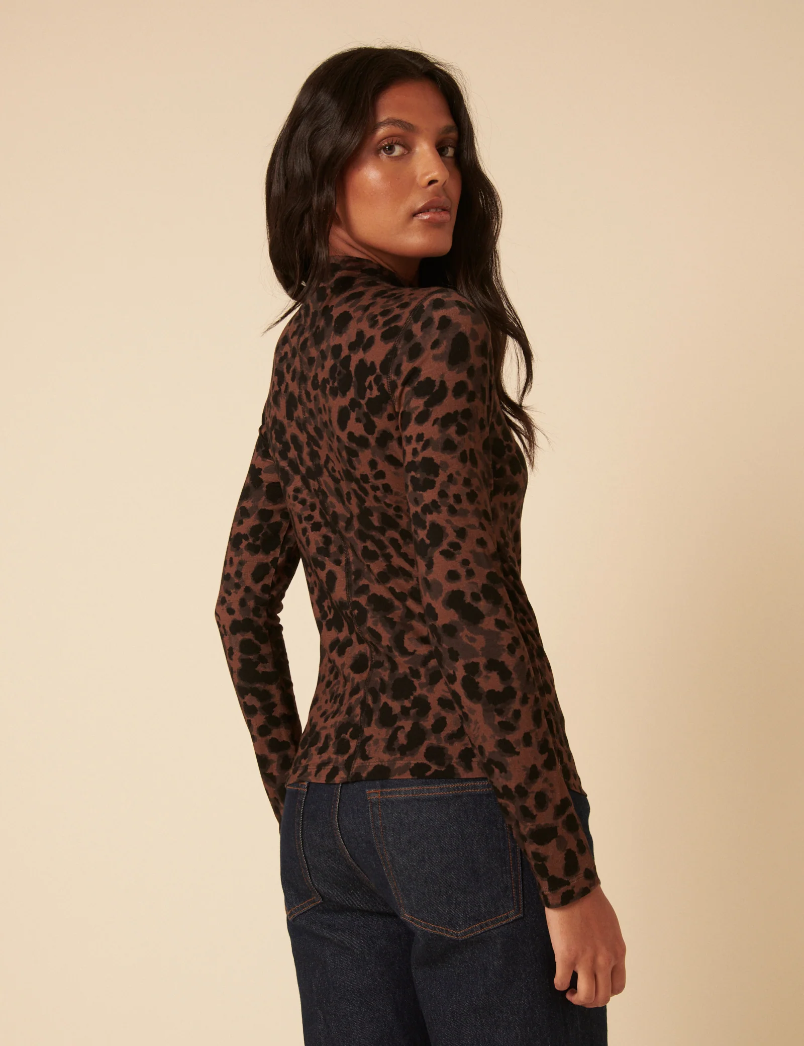 Leopard Print High Neck Long Sleeve Jersey Top - Image 5