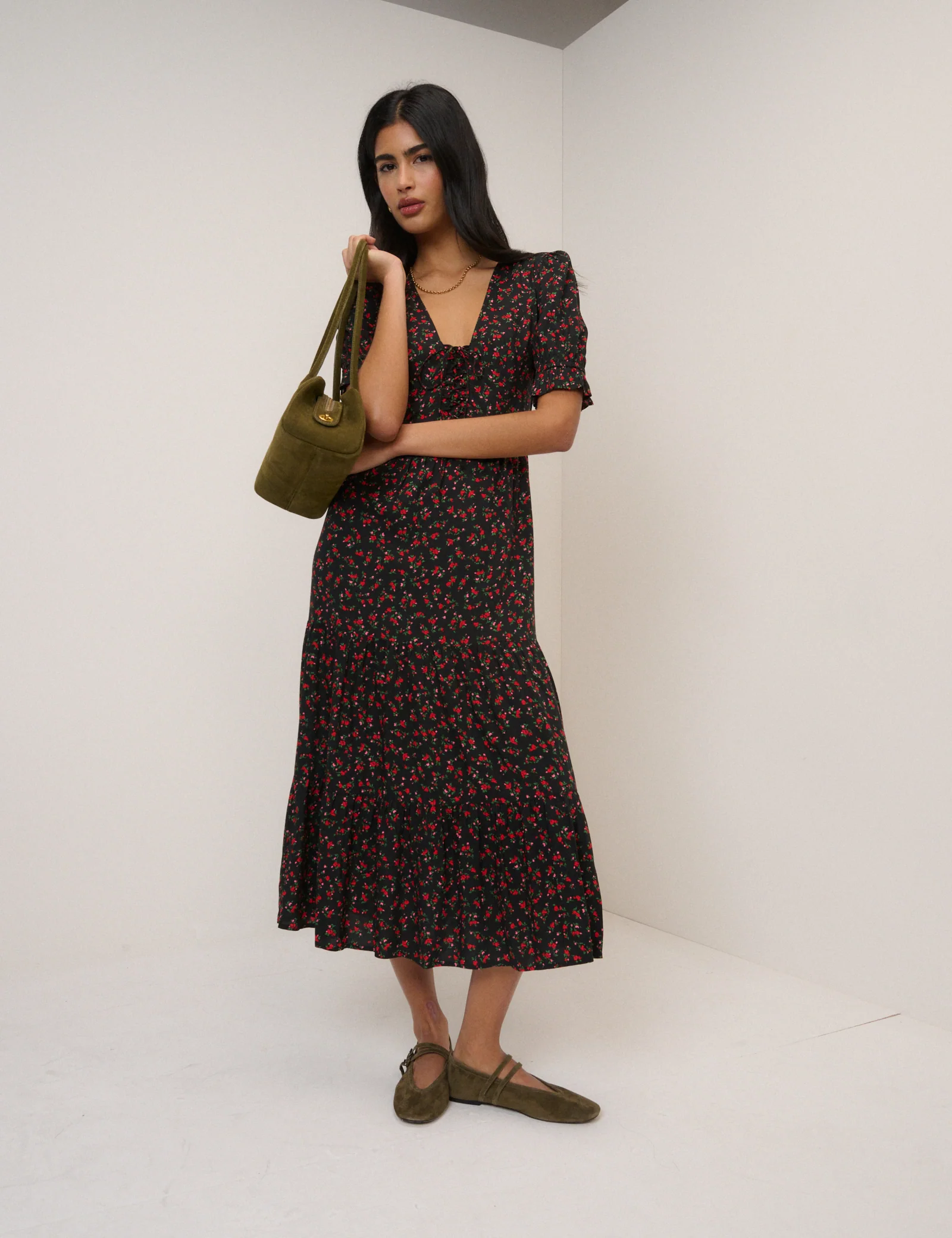 Black Floral Tiered Lia Midi Dress - Image 4